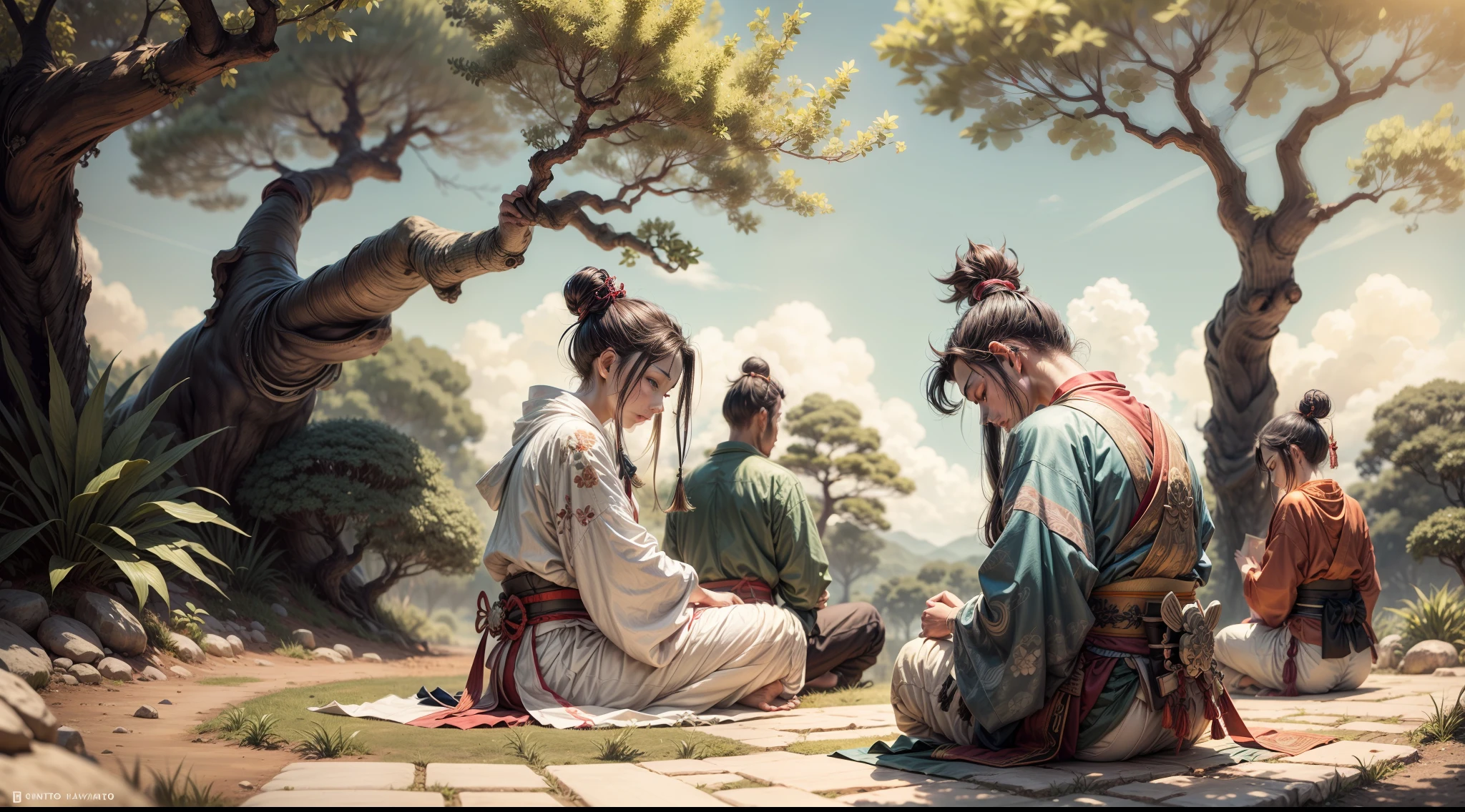 muitas pessoas sentadas meditando em jardim a sombra de arvores cerejeira em flor, roupas orientais, estilo samurai, manga, vilarejo oriental
