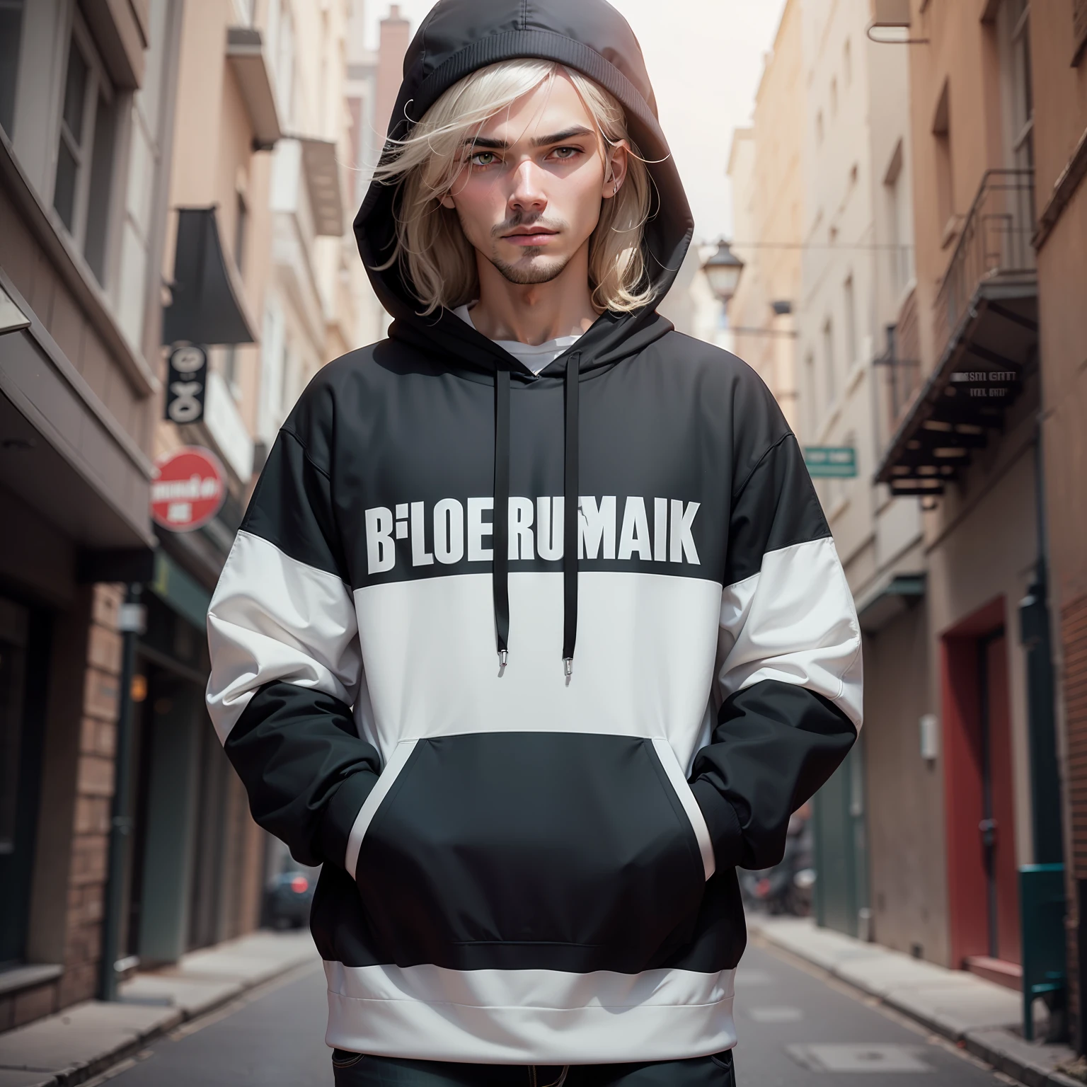Man in black hoodie, thumbs down, white background