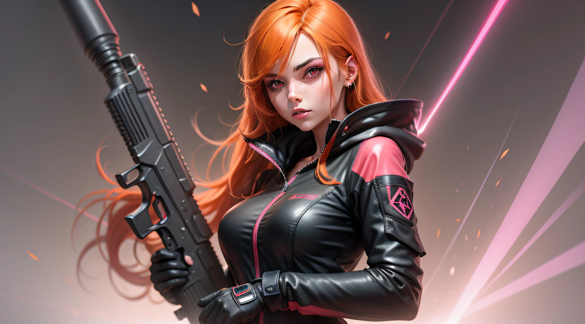 orange hair Scarlet pink eyes with a laser rifle dressed in a black jumpsuit.