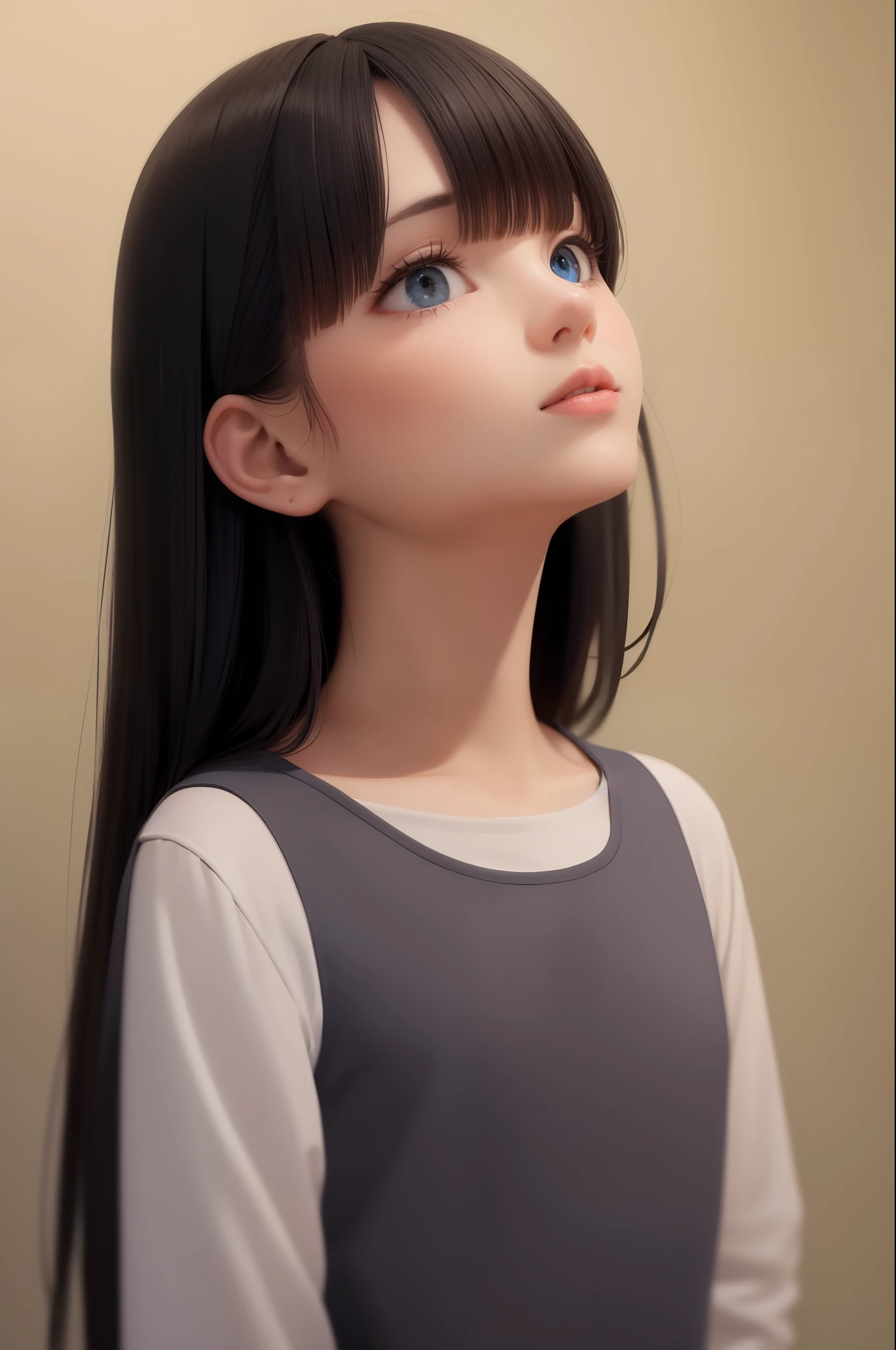 best quality, masterpiece, black hair, blue eyes, looking up, upper body