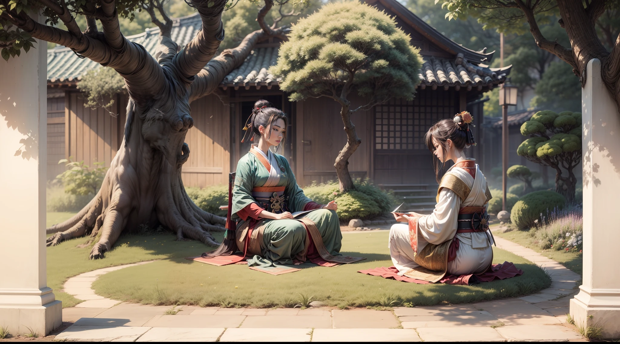 muitas pessoas sentadas meditando em jardim a sombra de arvores cerejeira em flor, roupas orientais, estilo samurai, manga, vilarejo oriental