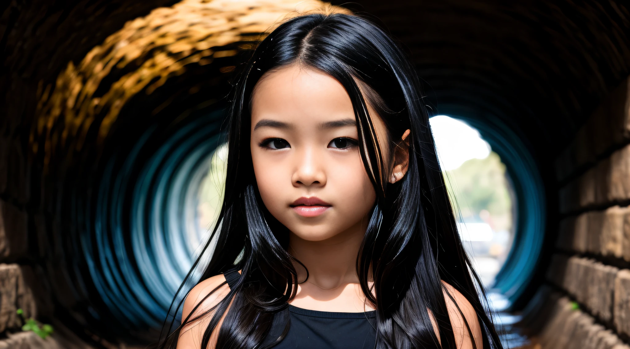 10 year old CHILD girl, with long black hair in a tunnel, long shiny black hair, swirling black hair, flowing black hair, endless black hair, black silky hair, lush black hair, woman with long black hair, lush black hair disheveled, long flowing black hair, woman has long dark hair, long dark hair, detailed long black hair,  black hair