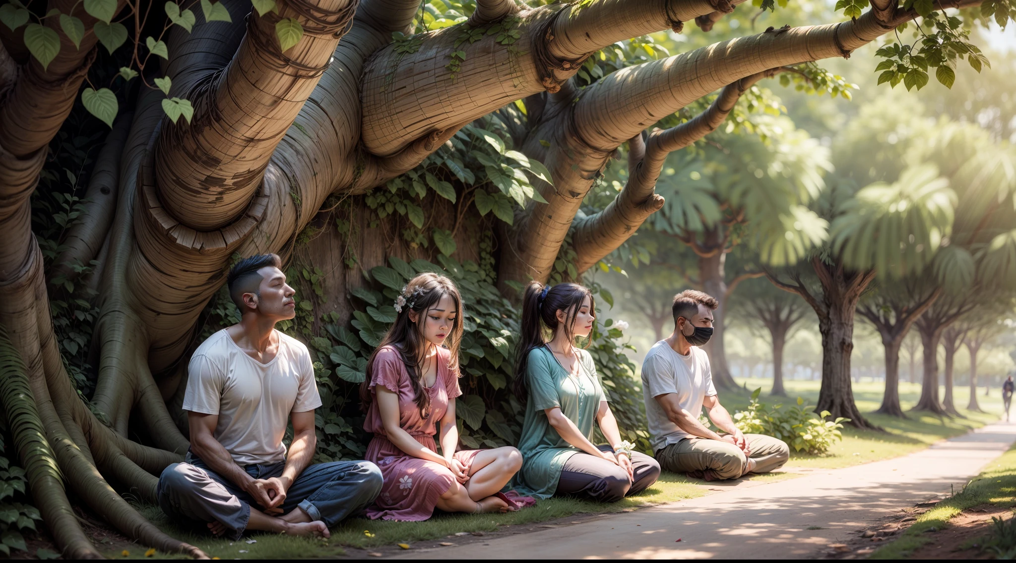 muitas pessoas sentadas meditando em jardim a sombra de arvores cerejeira em flor