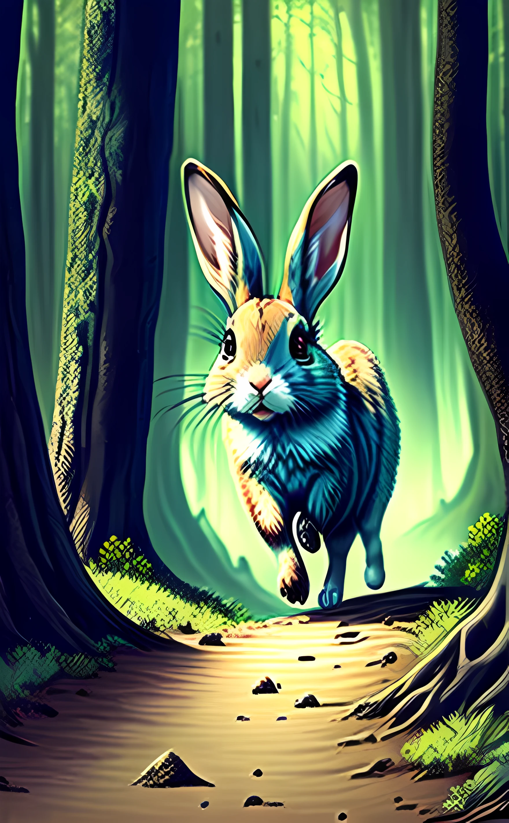 A brave rabbit stepping off a cliff, curious and oblivious to danger. A doglike creature eagerly warns him. A creepy forest looms in the background."