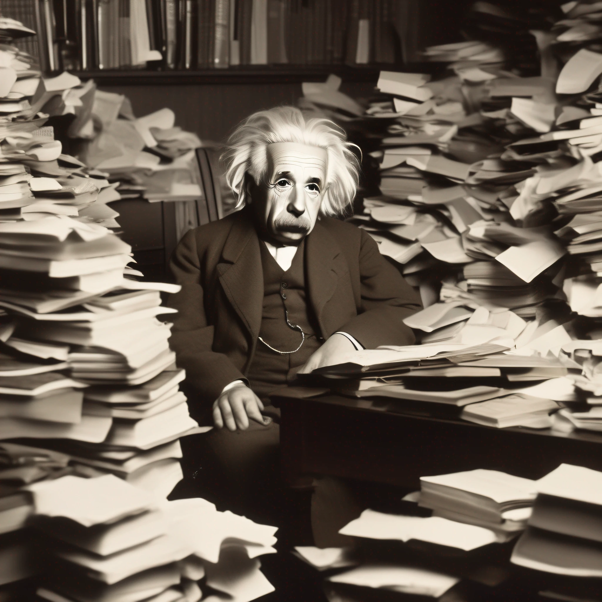 Einstein Sitting at his desk, surrounded by books and papers, his mind consumed by a specific problem that seemed insurmountable.