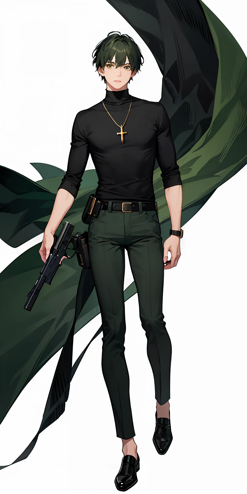 Translation: Semi-realistic, 1 boy,1man, casual outfit, turtleneck shirt, military green pants, defined body, green and black colored hair, cross necklace, serious, full body, completely white background, holding a pistol.