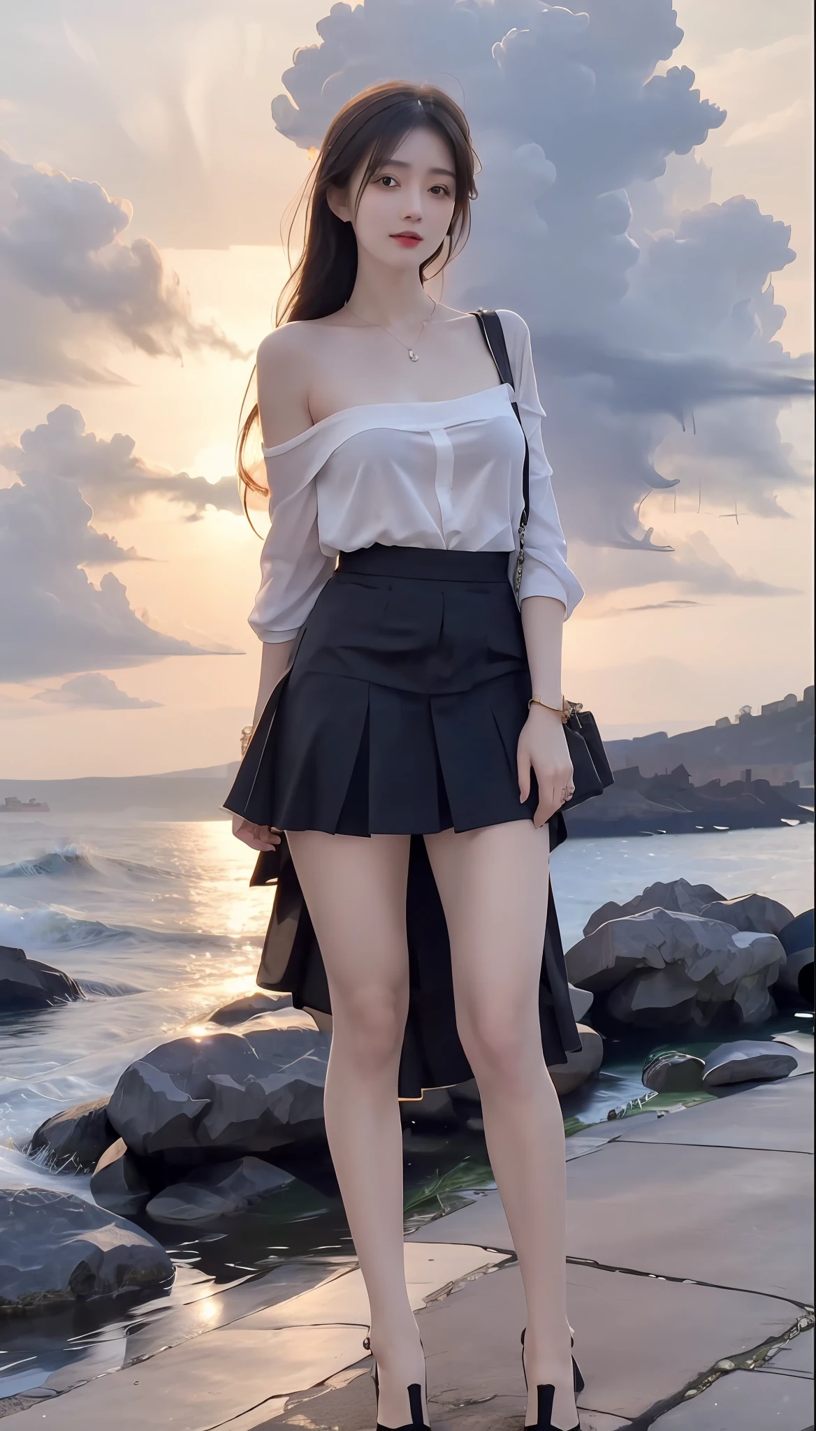 masterpiece, best quality, official art, in focus, full body photo (FLS), FHD, 1080P, 2K, 4K, 8K, Mind-bSoft illuminationlowing Details, Unfathomable, Leica camera, Full Length Shot (FLS), cute, Golden Ratio,Soft illumination,absorbing。 Super detailed, extremely detailed, beautiful and meticulous girl, 1 girl, (perfect female figure), full body, skirt, long legs, no breasts, background by the sea.
