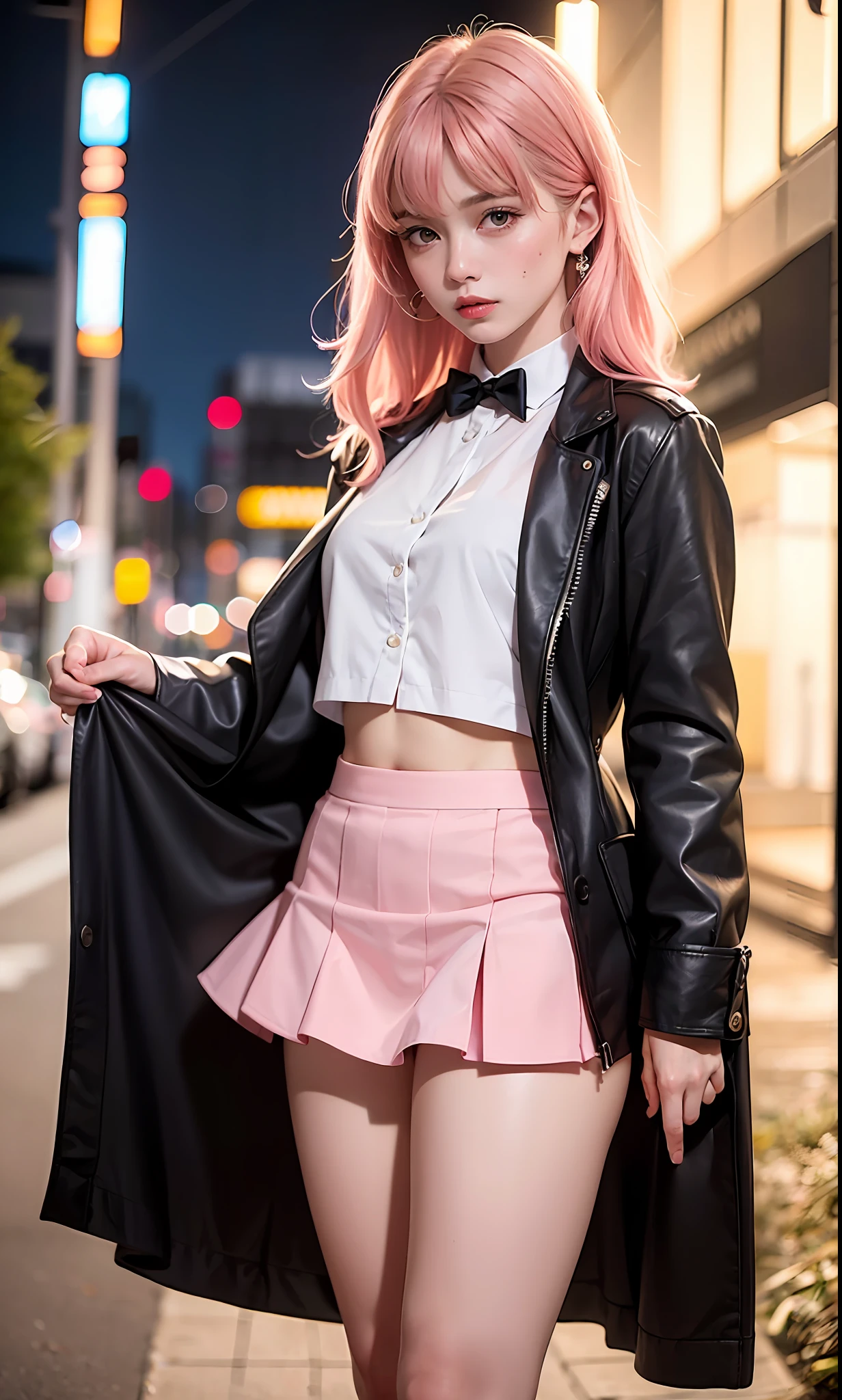(8k, PHOTO RAW, Best Quality, Masterpiece:1.2), (Reality:1.3), (Realism:1.3), Super High Detail, (High Detail Skin:1.2), 8k uhd, dslr, soft light, high quality, film grain, Fujifilm XT3, best quality, beautiful light, 1 girl, long hair, side parting, ((pink hair)), pink eyes, normal ears, narrow-minded, walking , full body, medium breasts, outdoor, city, posing, night, slender thighs, beautiful legs, torn stockings, shiny legs, wet legs, small black leather skirt, white shirt, open shirt, shirt Black robe, Thai student uniform