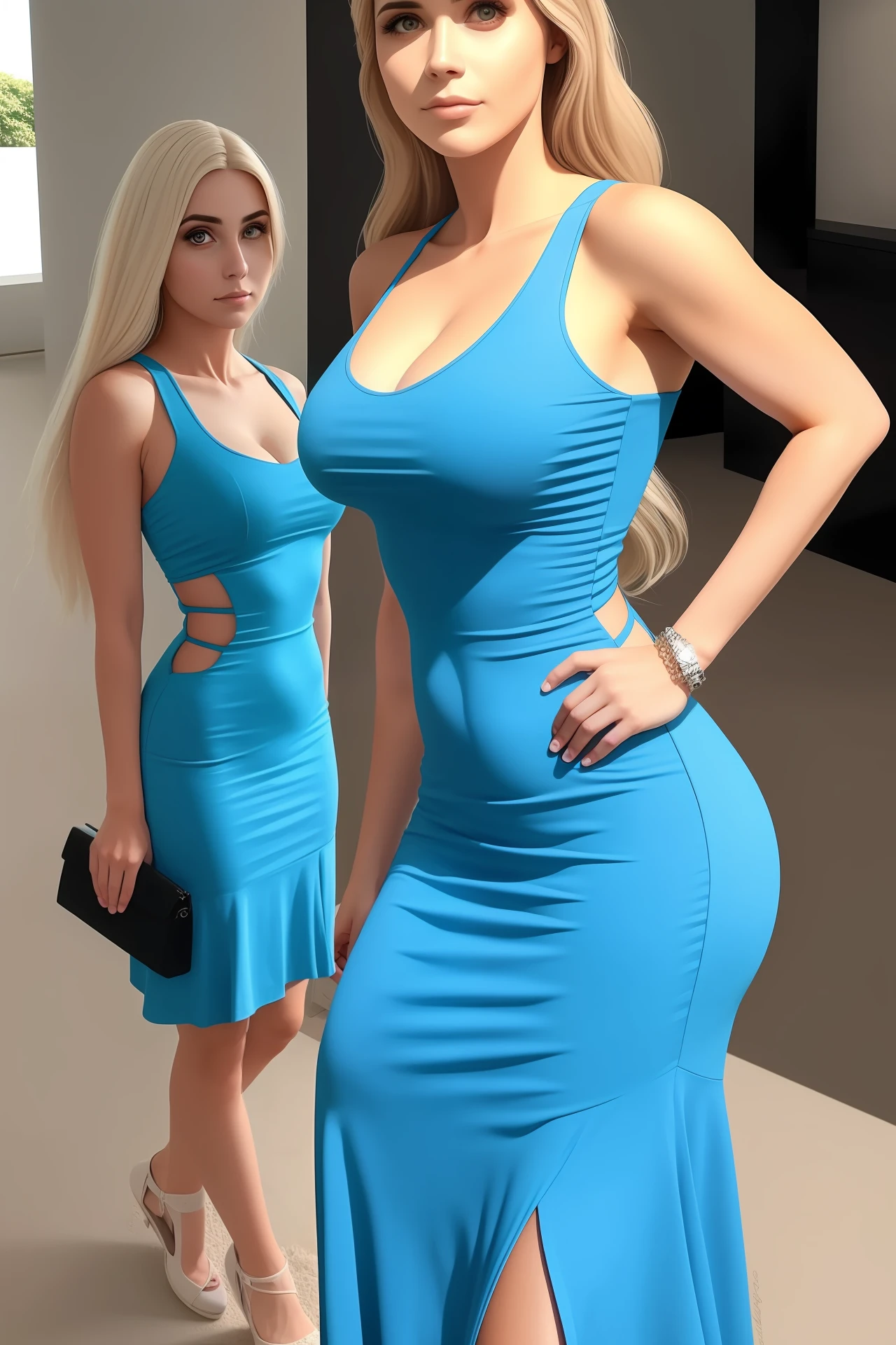 Crie uma mulher loira ultra realista, alta, com o corpo perfeito, de vestido tirando foto no espelho