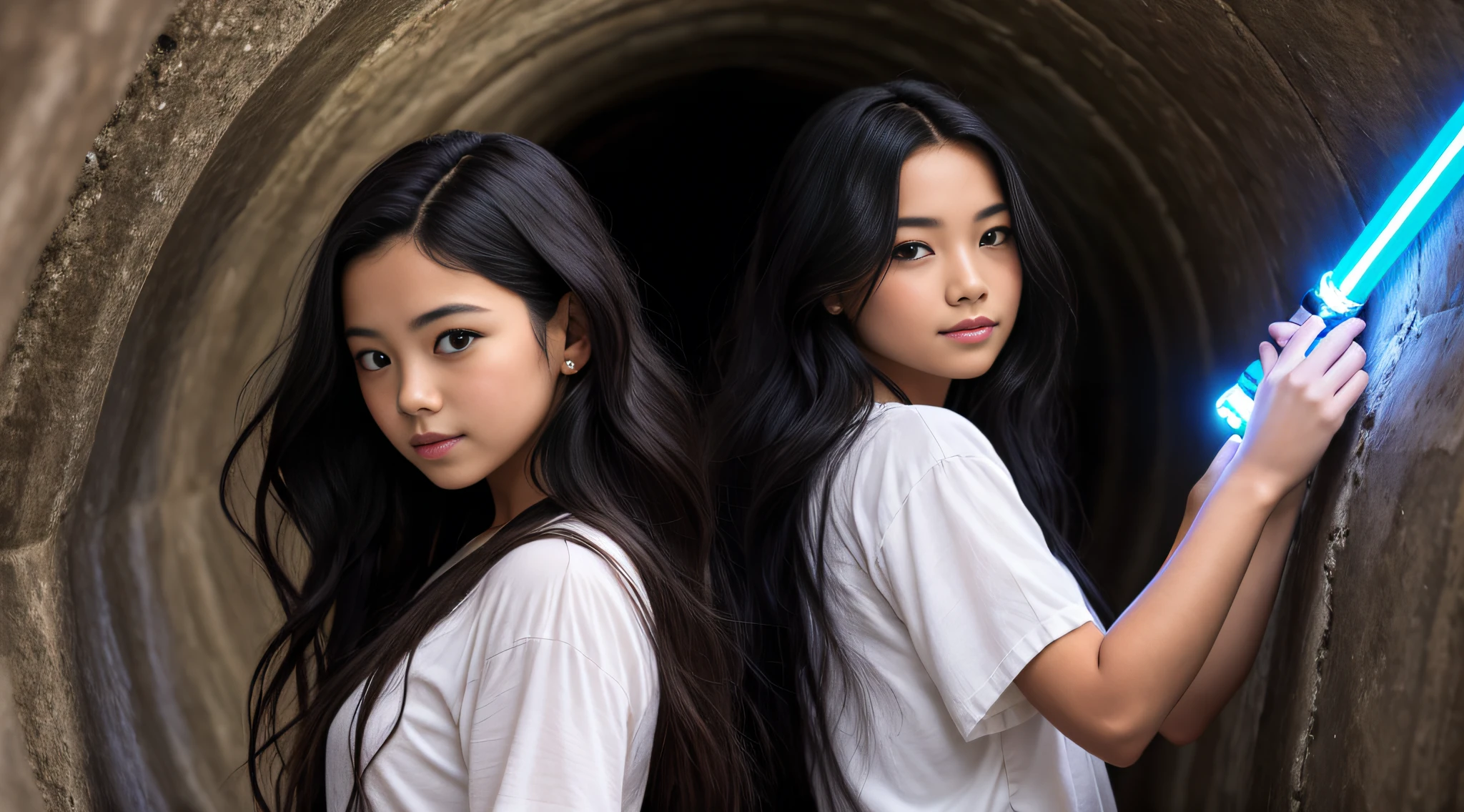 girl YEAR OLD CHILD WITH A LIGHTSABER, with long black hair in a tunnel, cabelo preto brilhante longo, cabelo preto rodopiante, flowing black hair, cabelo preto sem fim, cabelo sedoso preto, cabelo preto exuberante, mulher com cabelo preto longo, cabelo preto exuberante despenteado, cabelo preto longo fluindo, a mulher tem cabelo escuro longo, longos cabelos escuros, detalhado cabelo preto longo, cabelo preto