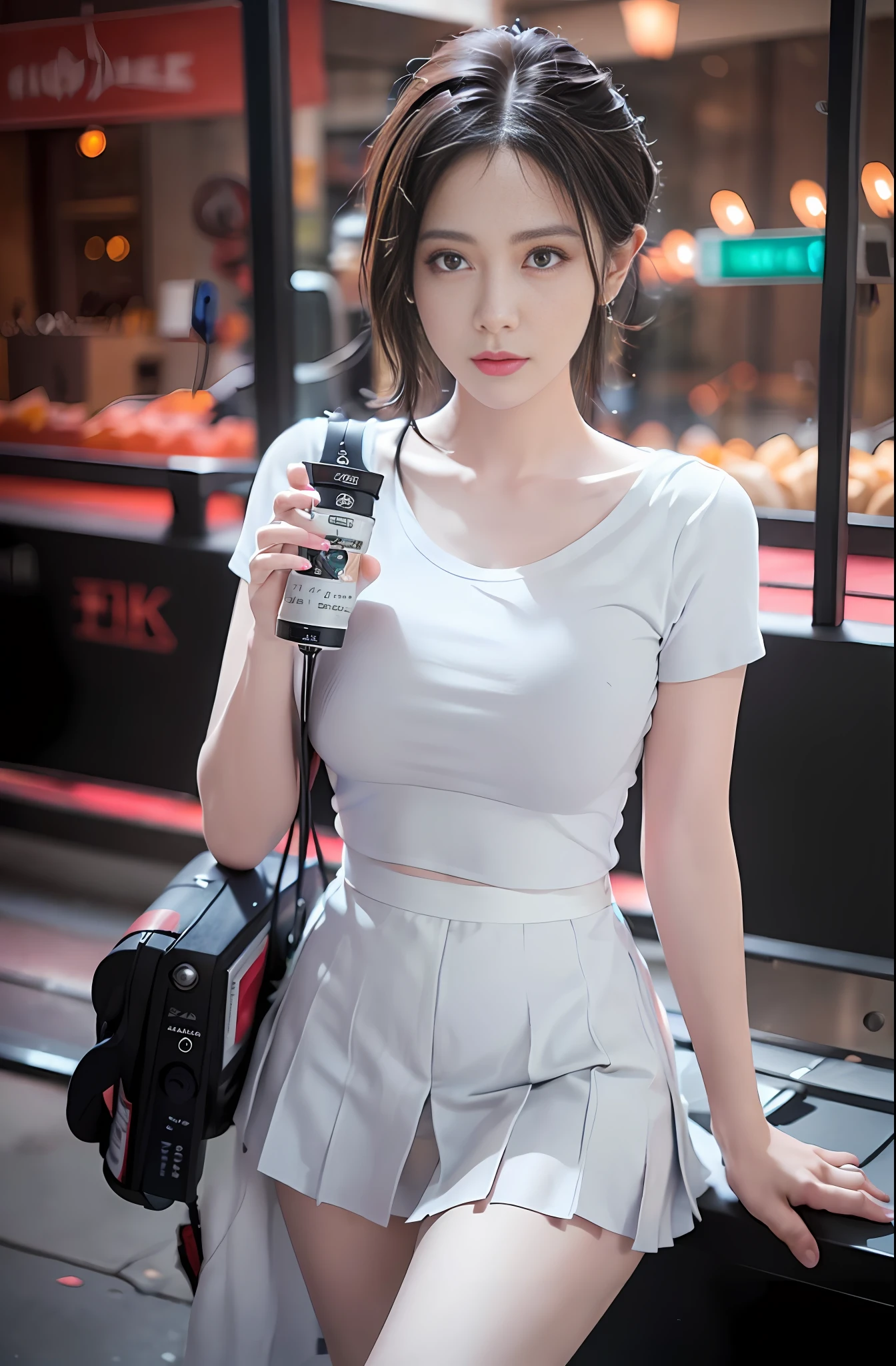 best quality, masterpiece, 1 girl, beautiful face, (photo photorealistic:1.3), edge lighting, (high detail skin:1.2), 8k ultra hd, dslr camera, high quality, high resolution, 4k, 8k, bokeh, ridiculous, best ratio four fingers and one thumb, (realistic:1.3), cute 1girl, wearing white t-shirt, medium breasts, white short skirt,