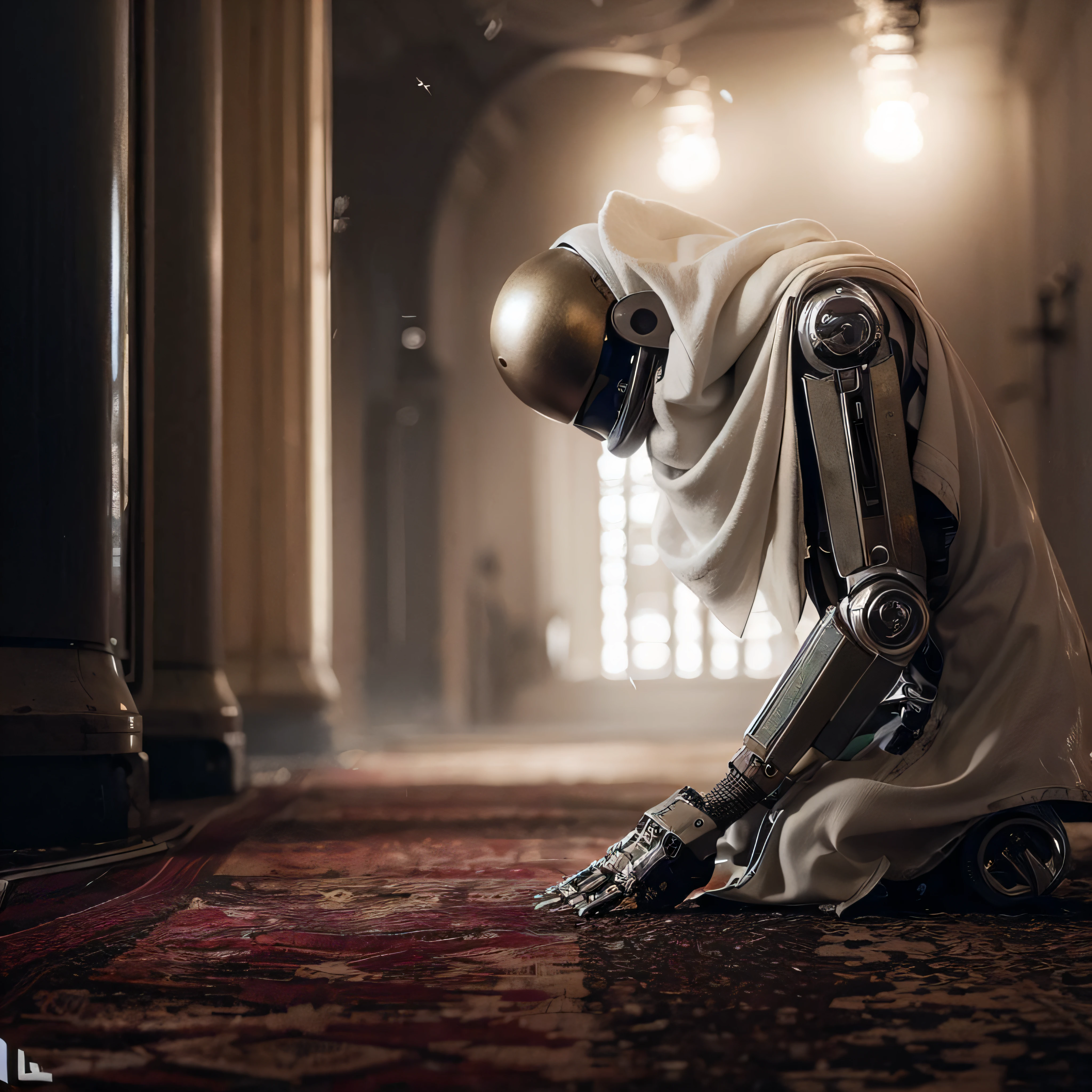 arafed robot kneeling on the floor in a dark room, robot religion, robot photography, um ciborgue meditando, robot pope, scifi religioso, 3 d render bipe, artificial intelligence god, pathetic robot, interior da mesquita cyberpunk, bipe. Octane render, Cyberpunk ortodoxo, bionic scifi alexandre ferra, Zen Cyberpunk Meditation