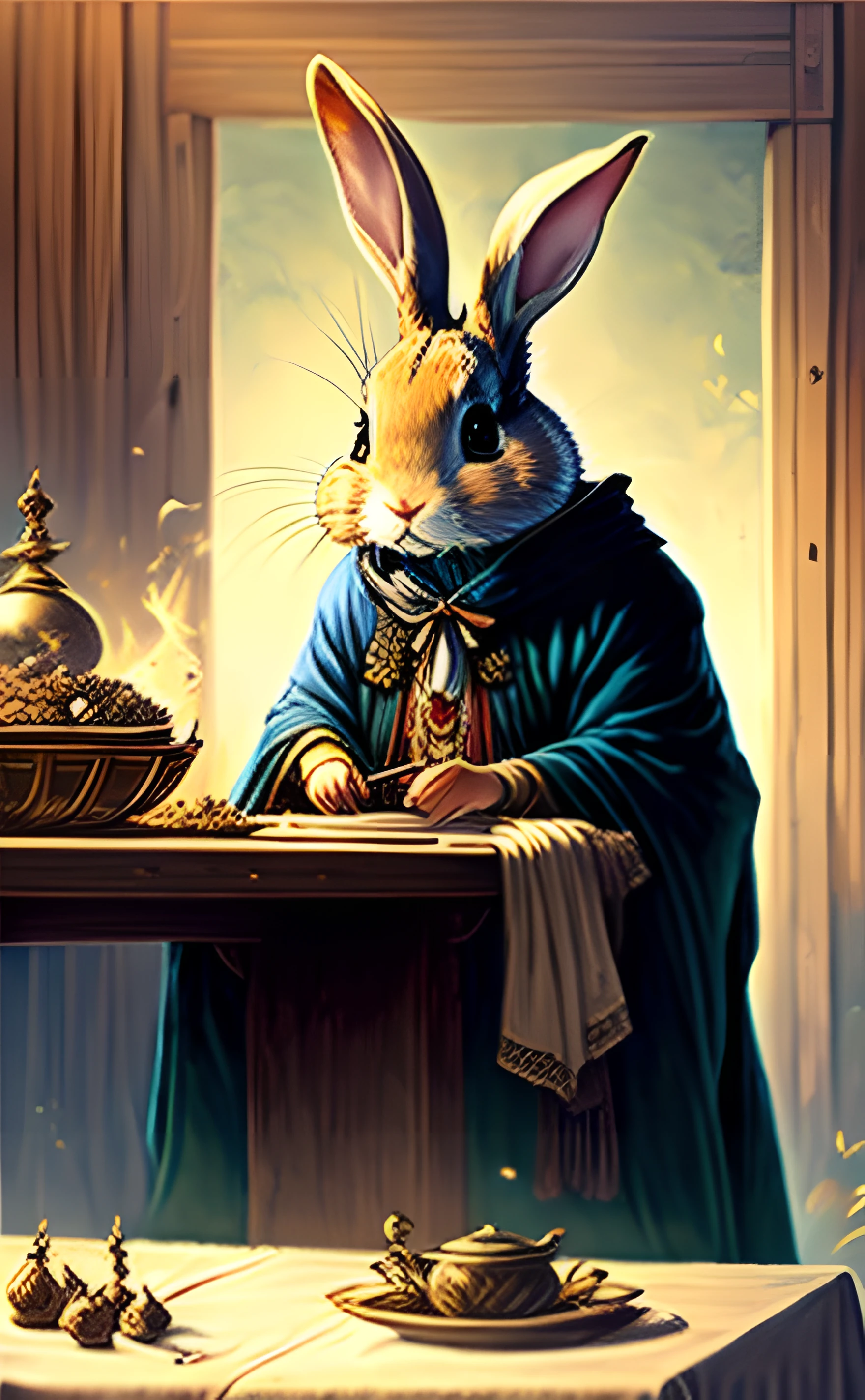 The Magician (魔術師)

"A rabbit in a grand magician's robe, conducting magic with a wand over a table filled with mysterious artifacts."