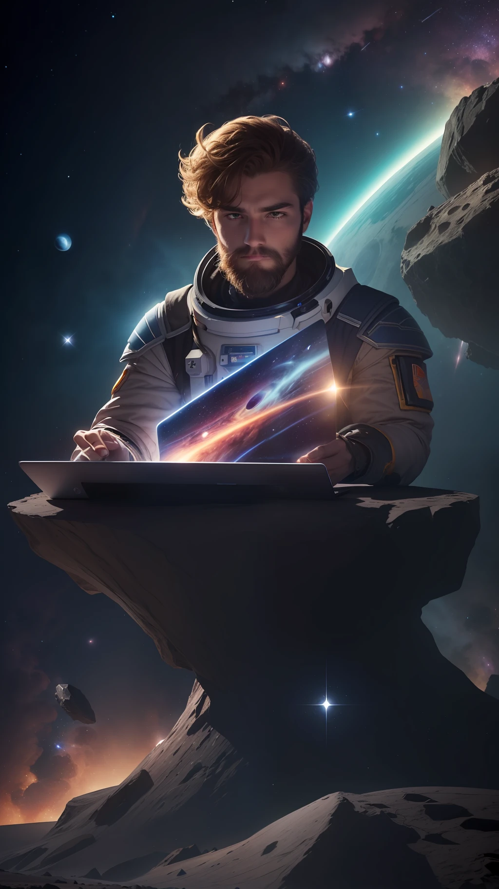 Draw a young space soldier sitting on a research platform floating in the middle of an asteroid belt. He is studying with a laptop, surrounded by several asteroids glowing with auras of fire. The dramatic illumination of distant stars and planets illuminates the scene, casting deep shadows on the costume. The young man seems confident and determined, looking at the vast and mysterious universe with admiration and respect, beard, cowboy shot,