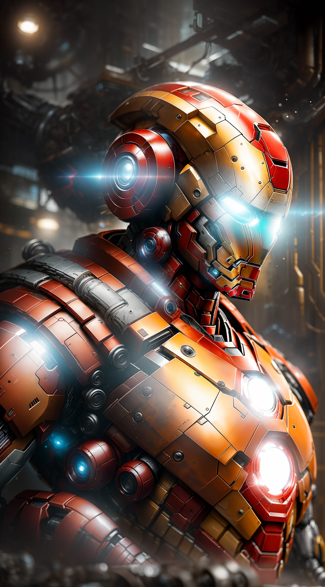 "Iron Man 1872 in a Marvel photograph, featuring a biomechanical and complex robot with full growth. Captivating with hyper-realistic visuals, it showcases insane small details along with exceptionally clean lines, embracing a captivating cyberpunk aesthetic."