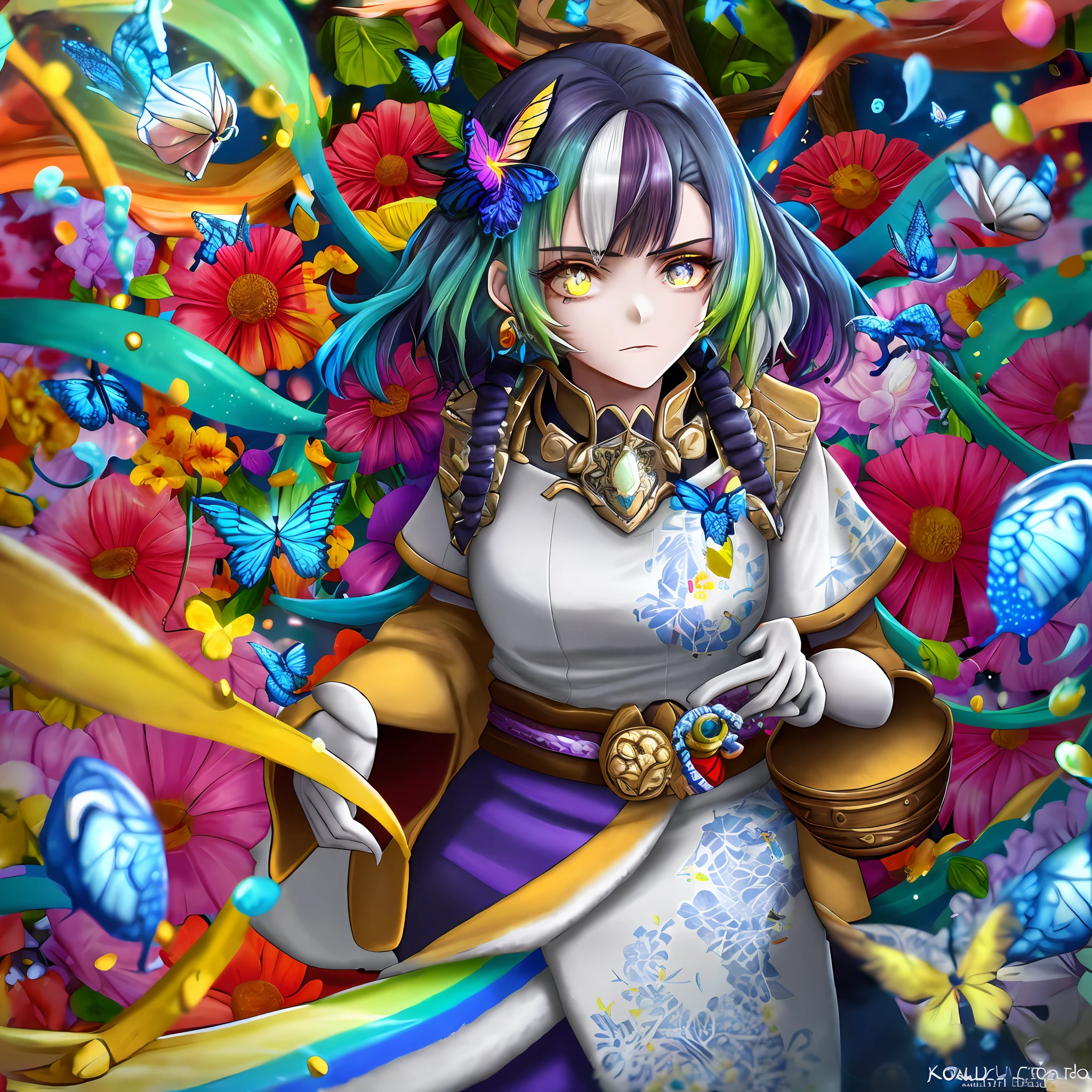 shukezouma, octane render, hdr, (hyperdetailed:1.15), (soft light, sharp:1.2), 1girl, beautiful girl, ultra detailed eyes, mature, plump, thick, rainbow painting drops, paint teardrops, woman made up from paint, entirely paint, splat, splash, long colored hair, kimono made from paint, ultra detailed texture kimono, rainbow paint kimono, paint bulb, paint drops, (hair ornaments, earrings, flowers hair ornaments, butterflies hair ornaments), outdoors, sakura trees