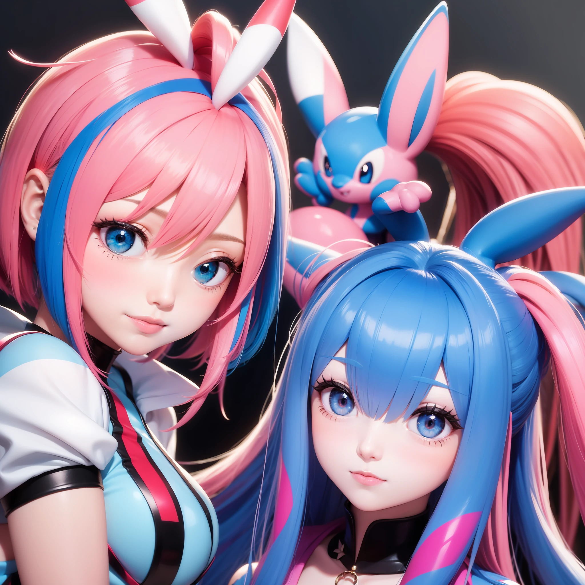 Melhor qualidade, HD, detalhado, 1pessoa, androgynous, cabelo branco longo, cabelo entre os olhos, accessories in blue and pink color, olhos vermelhos, estilo sylveon pokemon