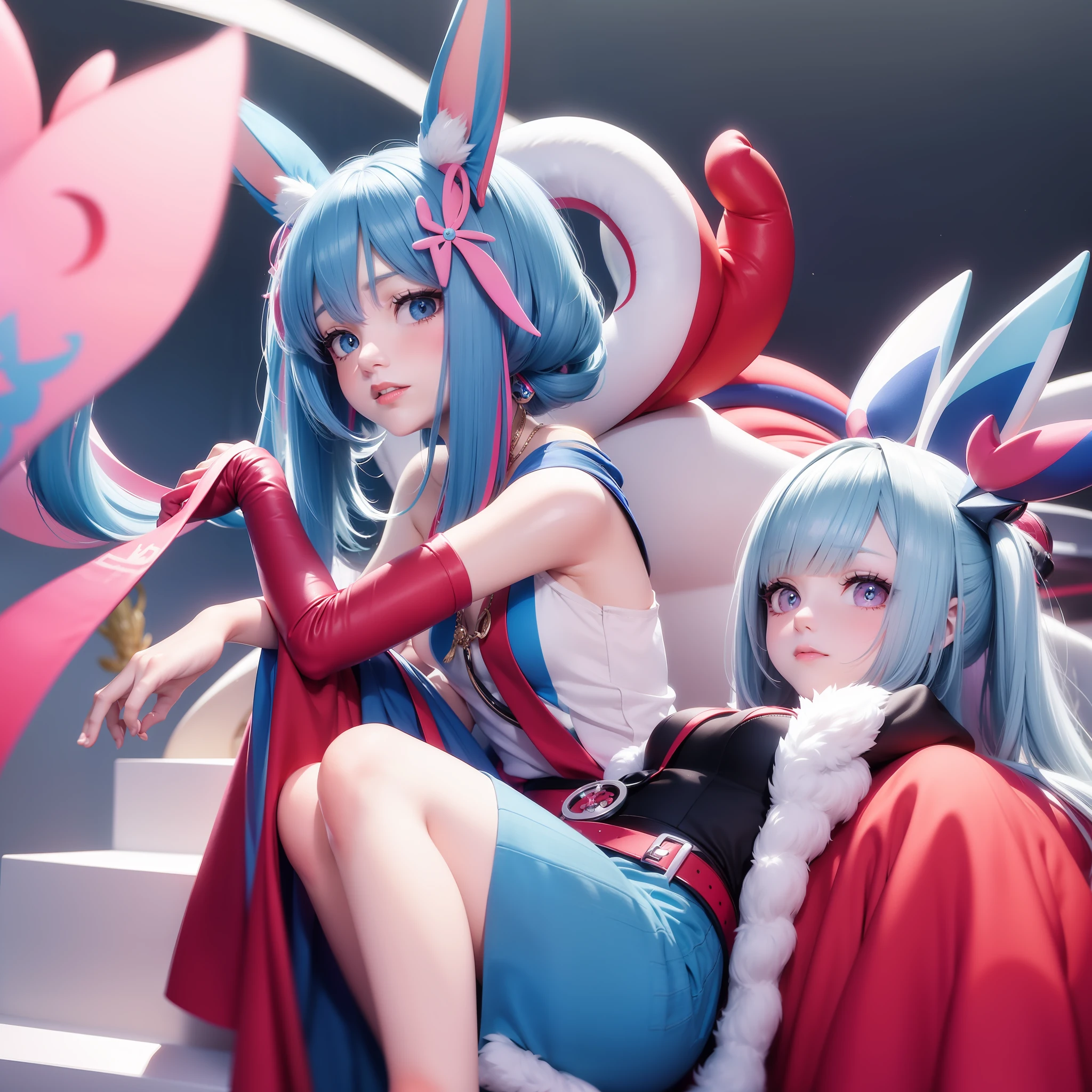 Melhor qualidade, HD, detalhado, 1pessoa, androgynous, cabelo branco longo, cabelo entre os olhos, accessories in blue and pink color, olhos vermelhos, estilo sylveon pokemon