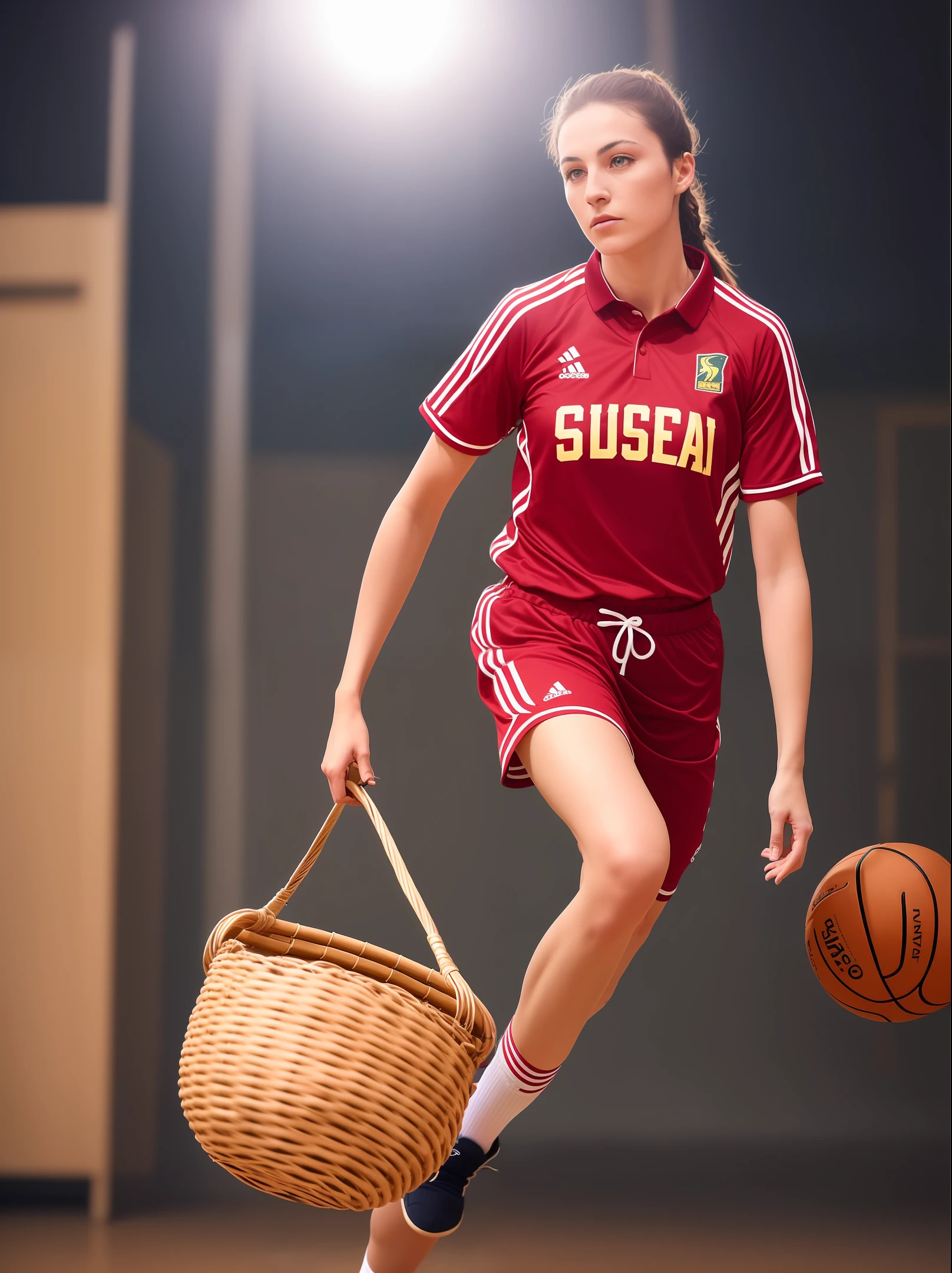 a woman playing basket, (wearing basket_uniform:1.3), 
good hand,4k, high-res, masterpiece, best quality, head:1.3,((Hasselblad photography)), finely detailed skin, sharp focus, (cinematic lighting), night, soft lighting, dynamic angle, [:(detailed face:1.2):0.2],(((inside_basket_field))),