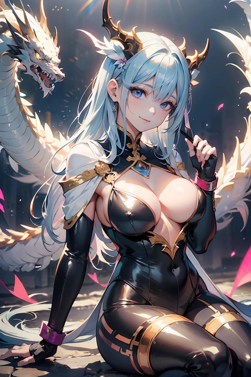 (8k, RAW photo, photorealistic:1.25) , natural shading,Kpop idol) looking at viewer with a serene and goddess-like happiness, boobs, nipslip, fullbody, fantasysword sword, shining rainbow bodysuit outfit, white uniform, purple neon atmosphere, chinesedragon