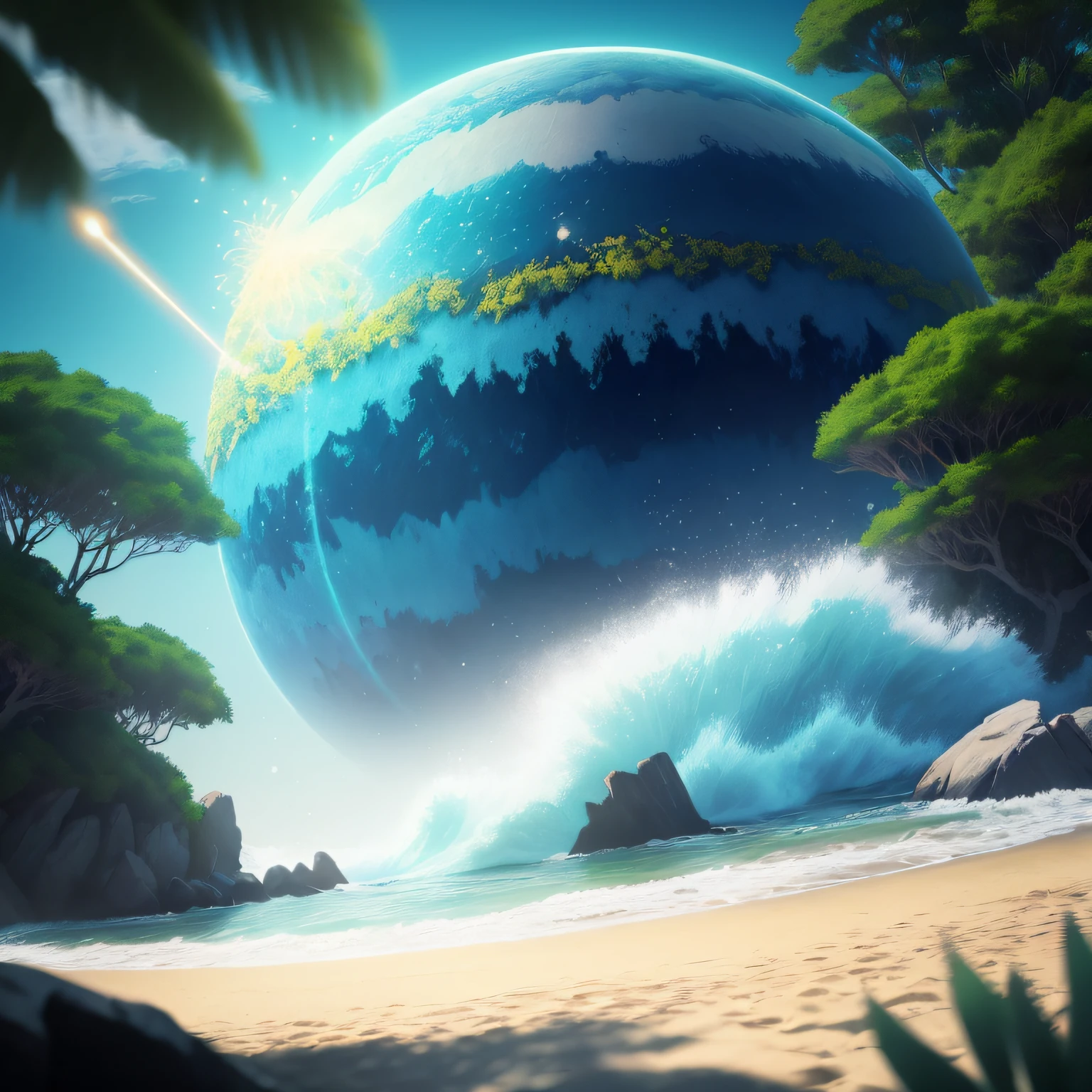 Obra-prima, melhor qualidade, (papel de parede CG 8k muito detalhado), (melhor qualidade), (best illustration), (melhores sombras), sprite brilhante, elementos naturais no tema da praia. Floresta misteriosa, bela praia, natureza, cercada por flores, folhas delicadas e galhos cercados por vaga-lumes (elementos naturais), (tema da praia), (folhas), (galhos), (vaga-lumes), (particle effects) etc. 3D , Octane renderização, ray tracing, super detalhado