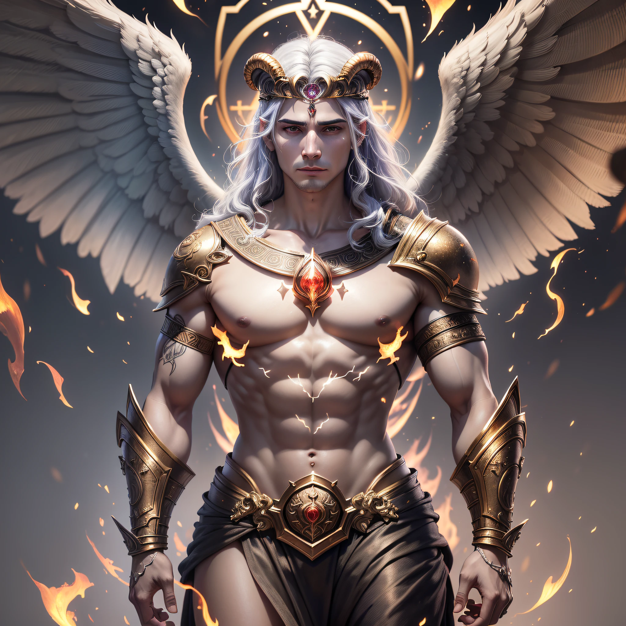 God masculine sign of Aries, Angel wings of fire, whole body, symbol of the sign of Aries in astrology, magical, Ancient Age, Greco, Western. Elements: Aries Symbol, medieval, Greek, red. Background: magical, fire, battlefield, extreme realistic, light particles, maximum focus, realistic body, realistic face, professional lighting, octane render, beautiful features, unlimited light, magnificent, detailed skin texture, extreme details, cinematic lighting, (masterpiece), (ultra detailed), (Ultra-HD), focus --auto --s2
