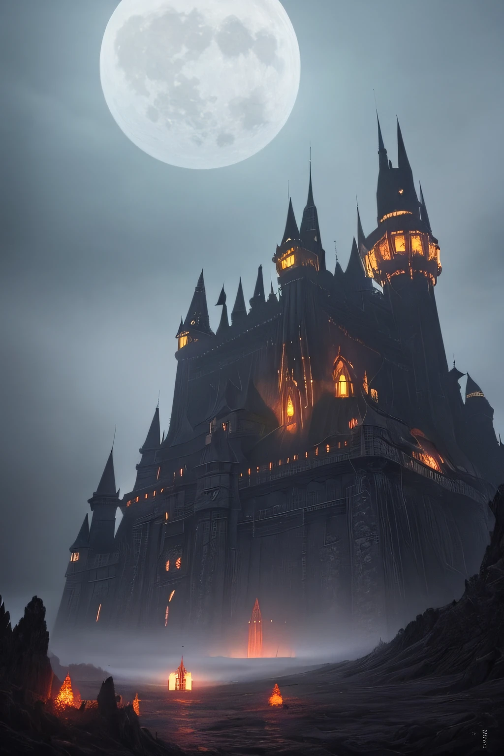 black majestic fantasy fortress under a pale moon engulfed in arcane fog trails in the style of marcin rubinkowski, greg rutkowski, lorenzo lanfranconi, oleg zherebin, trending on artstation, ultra wide angle