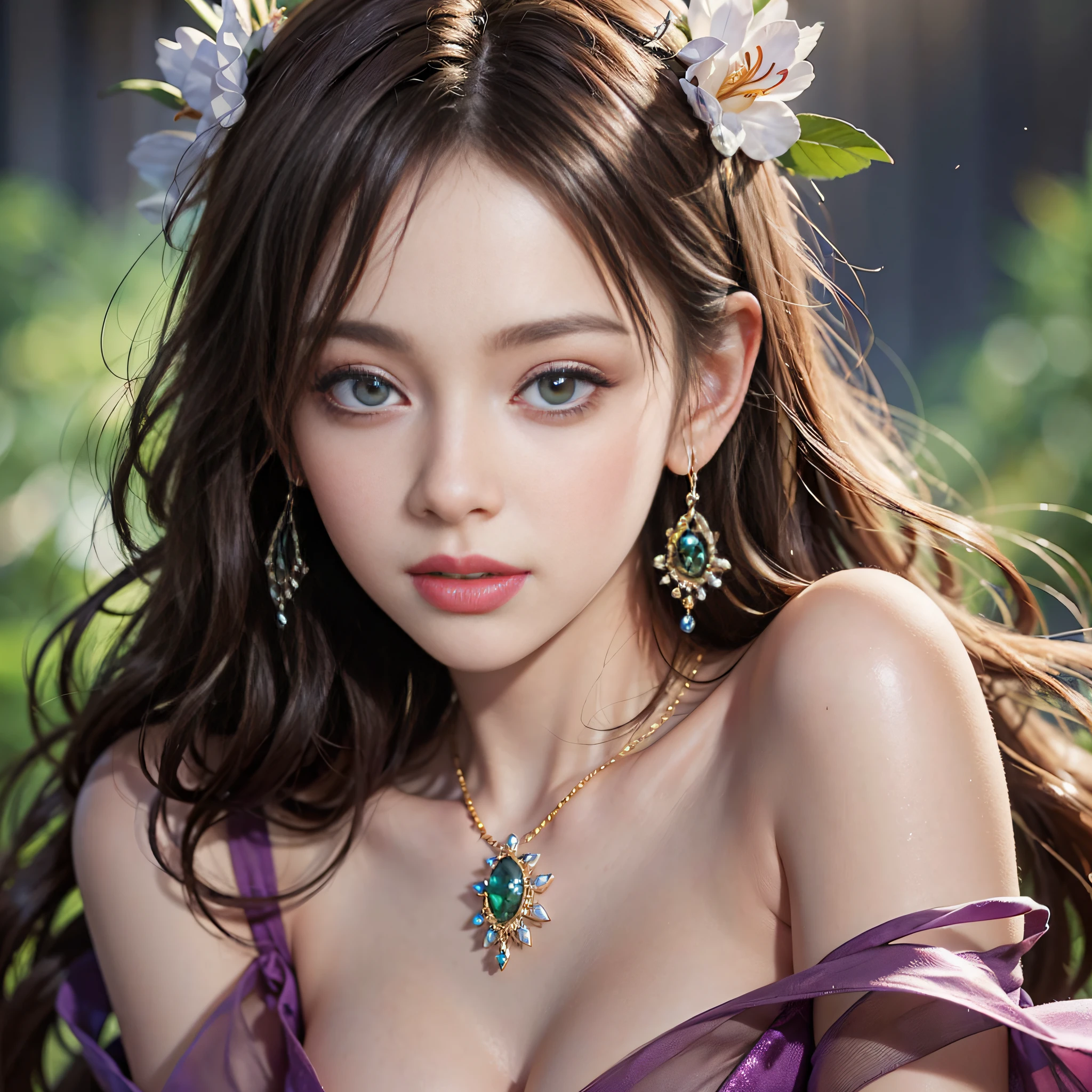 (A Masterpiece)、(maximum quality)、(Realistic)、Charming daughter、Portrait of a beautiful girl、1女の子、Transparent eyes、beautifuldetailedeyes、Glitter eyes、Glowing eyes、flawless face、Perfect eyes、Perfect iris、Perfect lips、perfect teeth、flawless skin、Beautiful nose、Beautiful mouth、Pretty lips、fine-grained skin、portrait shooting、Professional artwork、in 8K、photo-realistic、long dress、Elegant face、flawless anatomy、Perfect female body:1.4、Ultra-realistic painting:1.4、Ultra-precision painting:1.4、xd:1.4、hq、RAW Photography、necklaces、earings、female goddess、Fantastical、