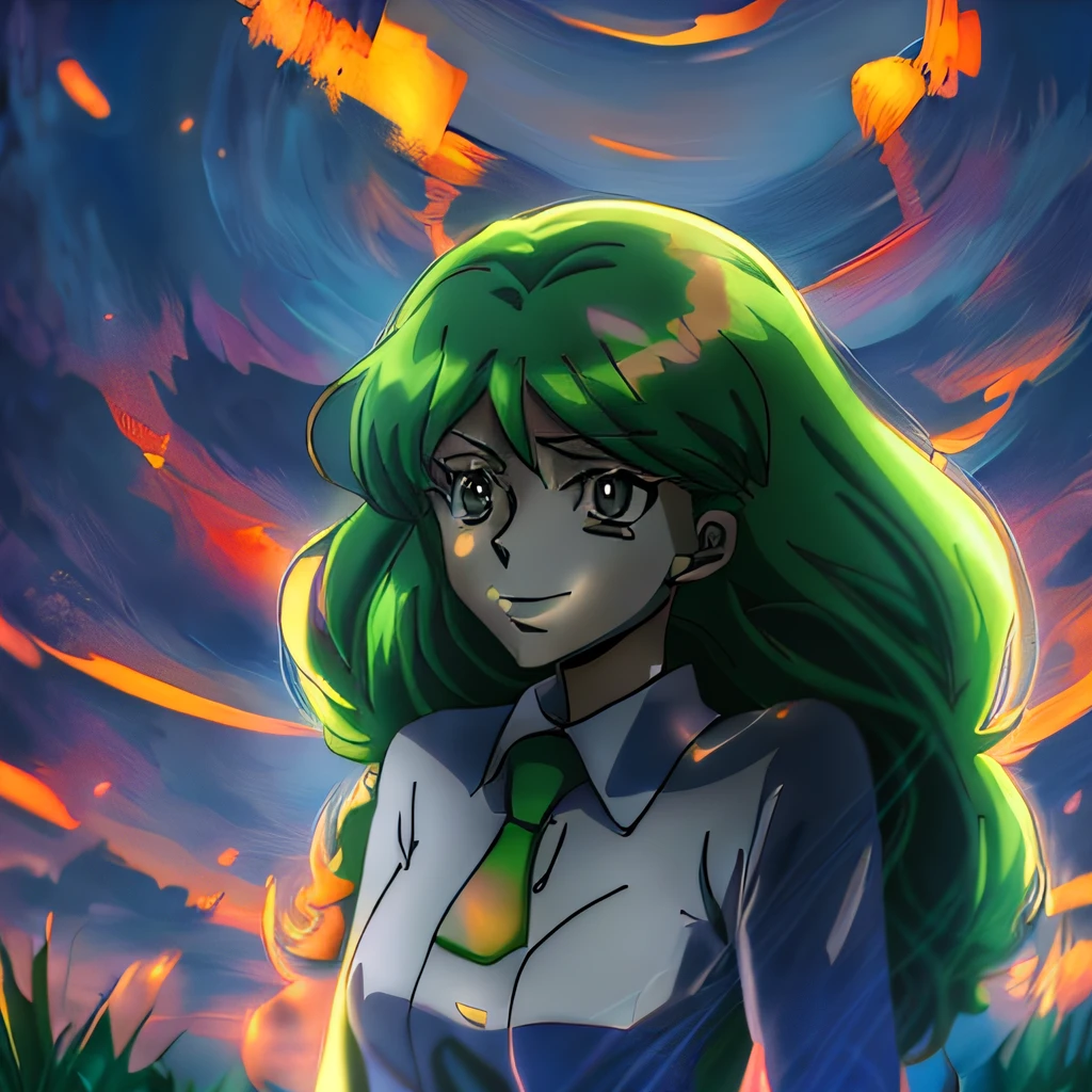 Anime girl with green hair and tie, standing in front of a cloudy sky, anime art style, anime artstyle, epic anime style, high quality anime artstyle, in anime style, anime style art, higurashi, flat anime style shading, in anime style, anime style portrait, anime stylized, anime style artwork, beautiful anime art style