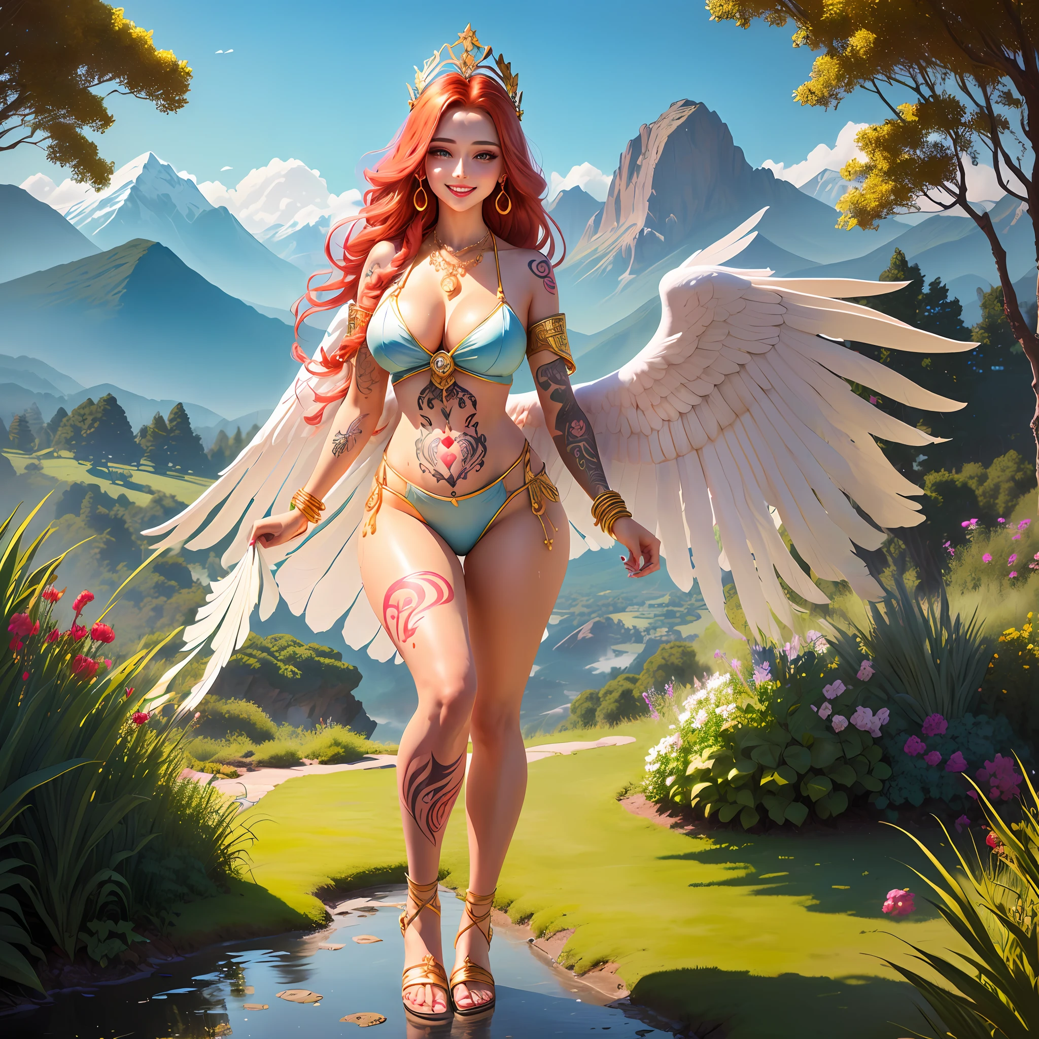 a female angel with white wings, long red hair, green eyes, very beautiful, sensual, transparent nightgown, thick lips with red lipstick, thin waist, wide hips, thick legs, belly out, smiling, full body, super detailed, ultra realistic, 4K, anime style, background with mountains and blue sky with pasture, sensual dynamic pose, body covered with dew, reflection of lights in the hair and dew, necklace of precious stones, bracelet of gold and ruby, shiny earrings, lightly made up, nails painted red, pink blush on the cheeks, eyes with eyeliner, eyelashes, lightly made up eyes, dew drops by the body, wet body, piercing in the navel of gold, golden sandals braided to the shin, flowering garden in the background with rays of sun, wearing gold and ruby tiara, ((golden tribal tattoo)), large breasts with goosebump beak, (((tattooed body)))