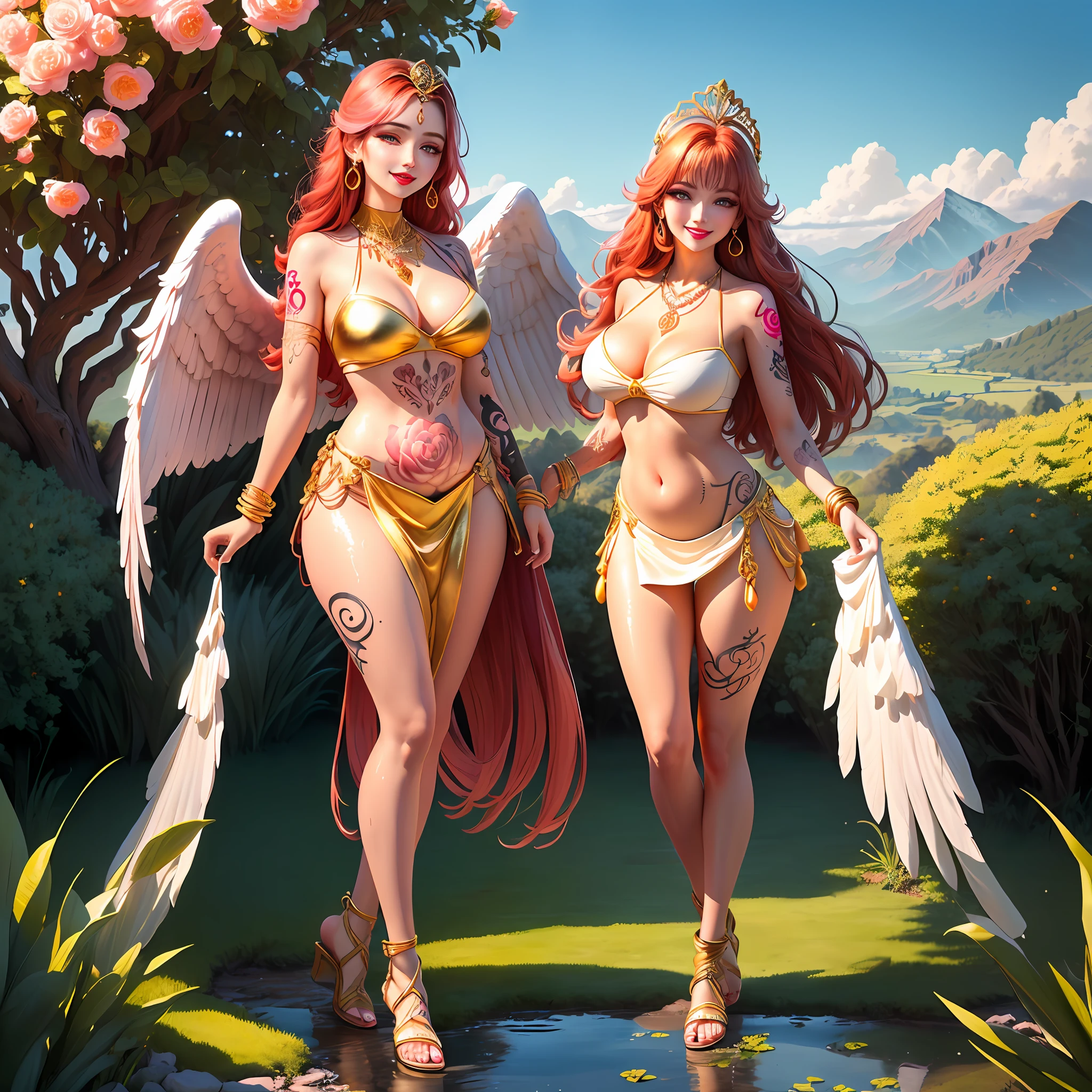 a female angel with white wings, long red hair, green eyes, very beautiful, sensual, transparent nightgown, thick lips with red lipstick, thin waist, wide hips, thick legs, belly out, smiling, full body, super detailed, ultra realistic, 4K, anime style, background with mountains and blue sky with pasture, sensual dynamic pose, body covered with dew, reflection of lights in the hair and dew, necklace of precious stones, bracelet of gold and ruby, shiny earrings, lightly made up, nails painted red, pink blush on the cheeks, eyes with eyeliner, eyelashes, lightly made up eyes, dew drops by the body, wet body, piercing in the navel of gold, golden sandals braided to the shin, flowering garden in the background with rays of sun, wearing gold and ruby tiara, ((golden tribal tattoo)), large breasts with goosebump beak, (((tattooed body)))