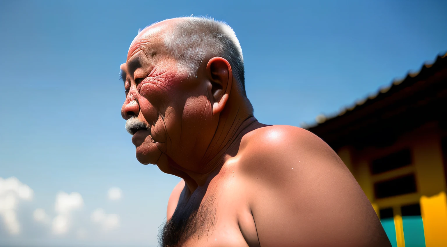 The Story of an Old Man, careca, gordo, obeso, chines, sem camisa, Buda. Uma imagem em close-up do rosto de um idoso vietnamita, illuminated by the light of the sky, com um pano de fundo de uma aldeia.
