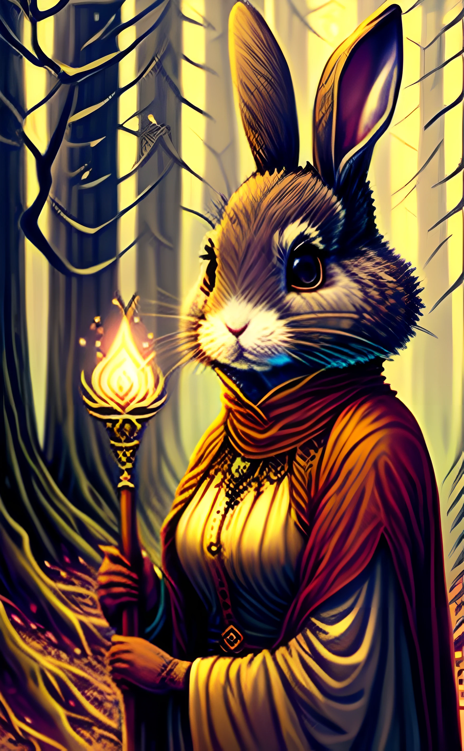 The Empress
"A motherly rabbit with a kind yet intense gaze, holding a scepter. A barren and spooky forest surrounds her."