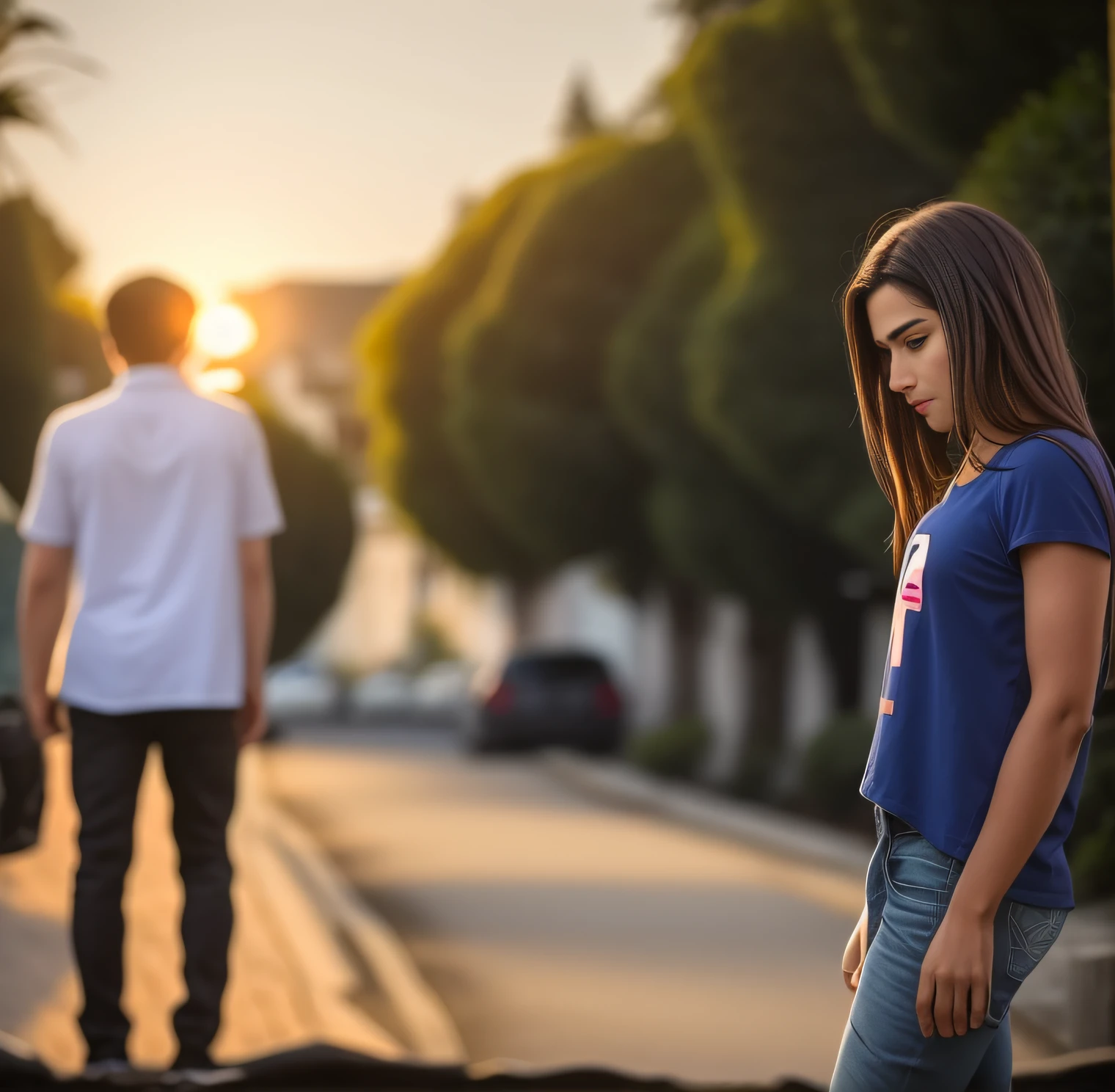 a man with his back to a sad woman standing in a because, unrequited love, lonely and sad, beautiful lonely girl, with a sad expression, em frente a um fundo de floresta, pessoa em primeiro plano, Triste e Lonley, por, sentimento triste, porecendo triste, Foto RAW, (pele altamente detalhada: 1.2), 8k UHD, DSLR, Soft illumination, alta qualidade, Film grain, Fujifilm XT3F