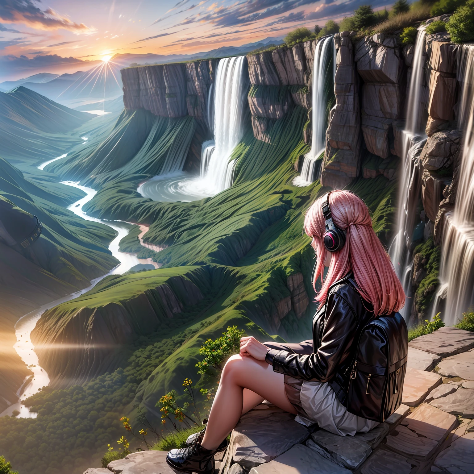 woman on a hill looking at a vast landscape, (Masterpiece, Best Quality, Highly Detailed), HDR, high dynamic range, sharpness, octane render, realistic, high contrast), 1 girl, long hair, pink hair, from behind, facing away, backpack, large headphones, high heeled boots, black pantyhose, pencil skirt, sunrise, light rays, (hills, mountains, water, river, waterfall), vibrant, colorful