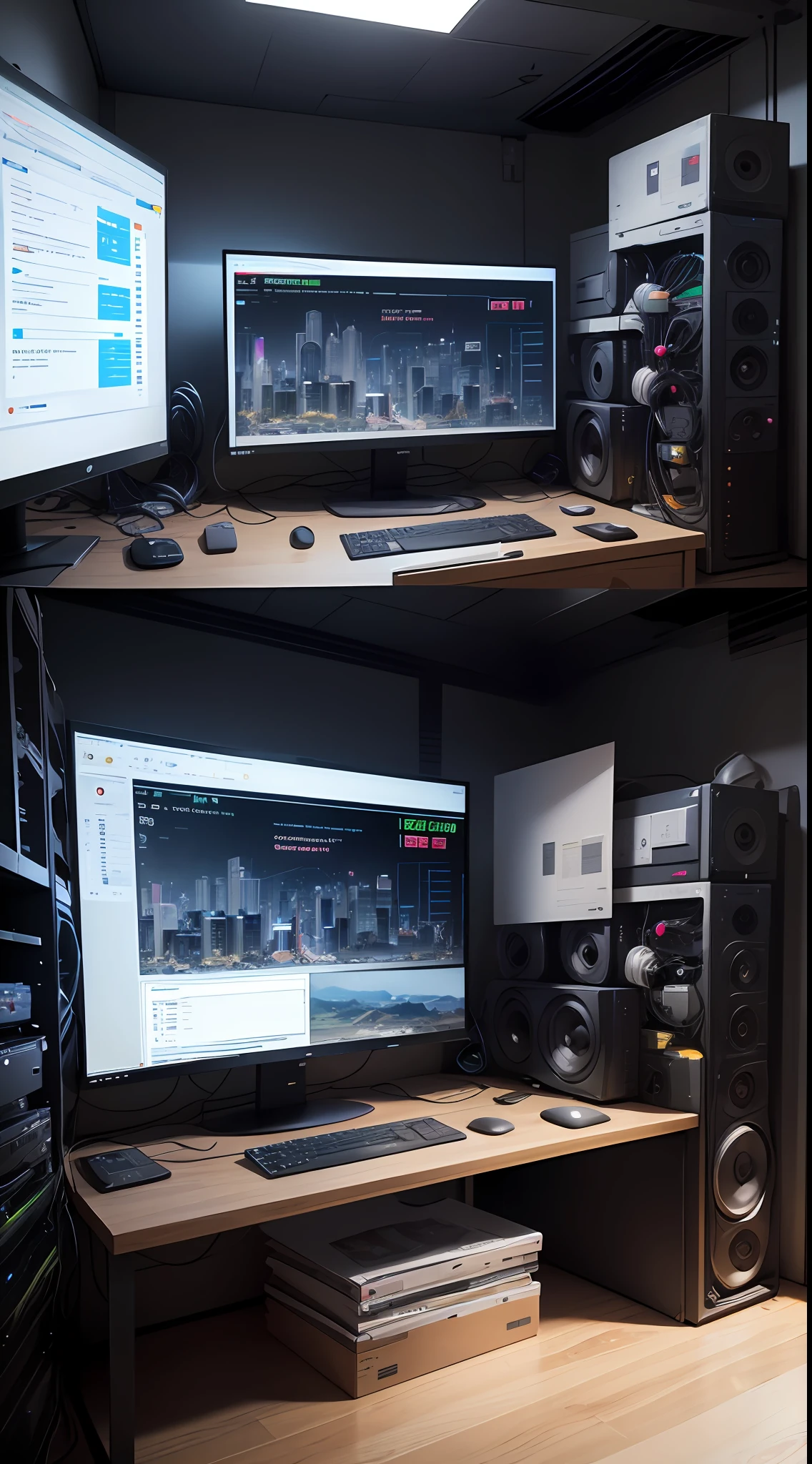 Cybersecurity management and cyber environment monitoring company. Ethical hacking, epic scene full of computers, paredes digitais, Cabos e monitores, telas de tv em segundo plano, foto detalhada do mundo virtual, 8k computer render, em data center realista, a computer rendering. --auto