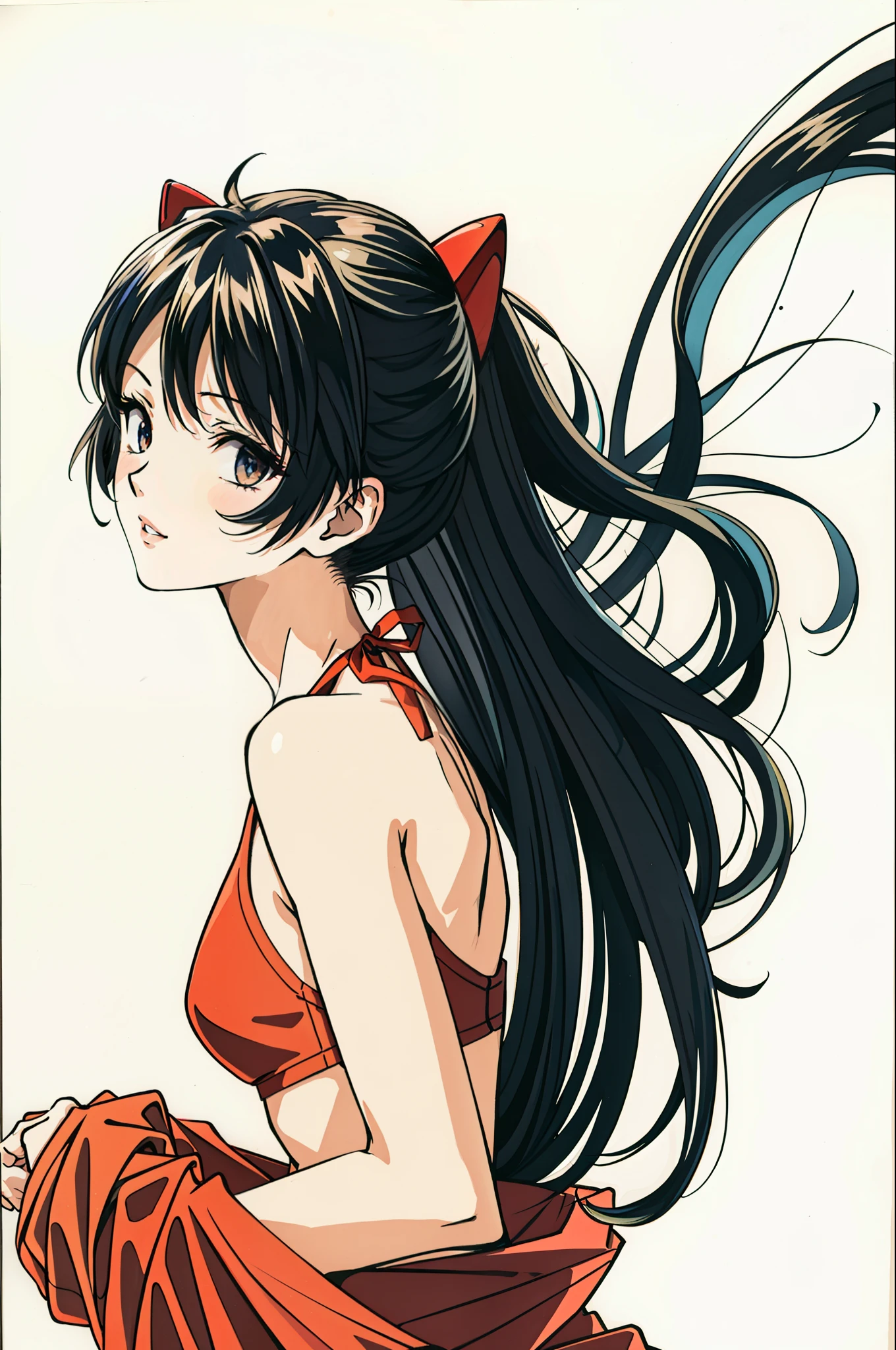 foto retrato de cuerpo entero, beautiful anorexic Asuka Langley, muy flaca en bikini, huesos y costillas visibles, Small flat breasts, very small waist, piernas delgadas, rostro hermoso, vista de perfil de Asuka Langley muy flaca, sentada en una silla, fondo blanco.