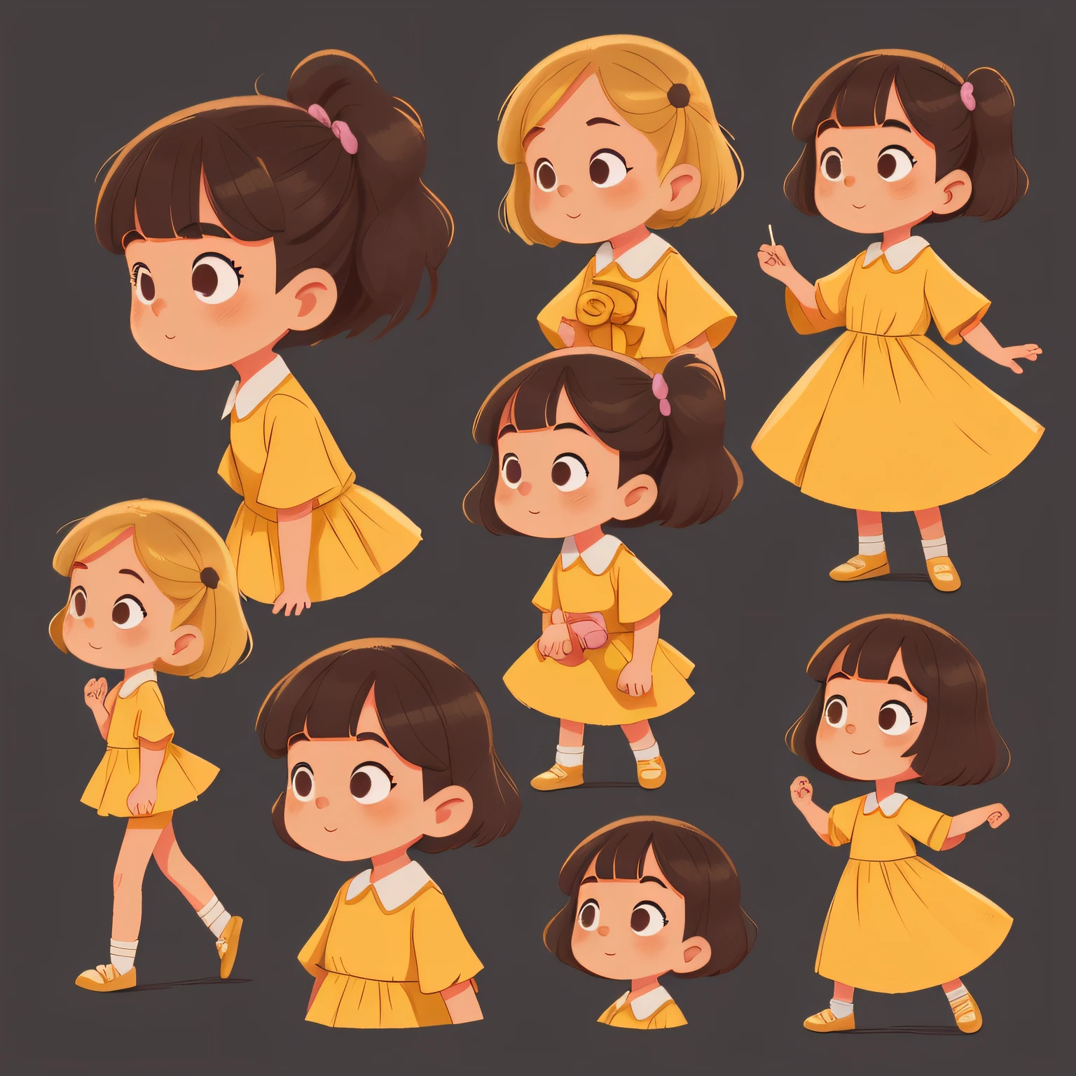 Personagem da menina, estilo dos desenhos animados, Estilo kawaii, cabelo encaracolado preto, multiple poses and expressions, children's books illustration style, simples, cores claras, vestido amarelo, sapatos azuis escuros, no outline, (Masterpiece, alta qualidade, 8k) (corpo inteiro) (mesma frente de caractere, Voltar, Side view) (folha modelo) (multiple views of the same character) . 8k, (Foto RAW, melhor qualidade), olhos e rosto extremamente detalhados, anatomia perfeita, um rosto extremamente delicado e bonito, belos olhos castanhos detalhados, um rosto extremamente delicado e bonito, cabelo curto estilo bob ruivo, vestido amarelo desenhado.
