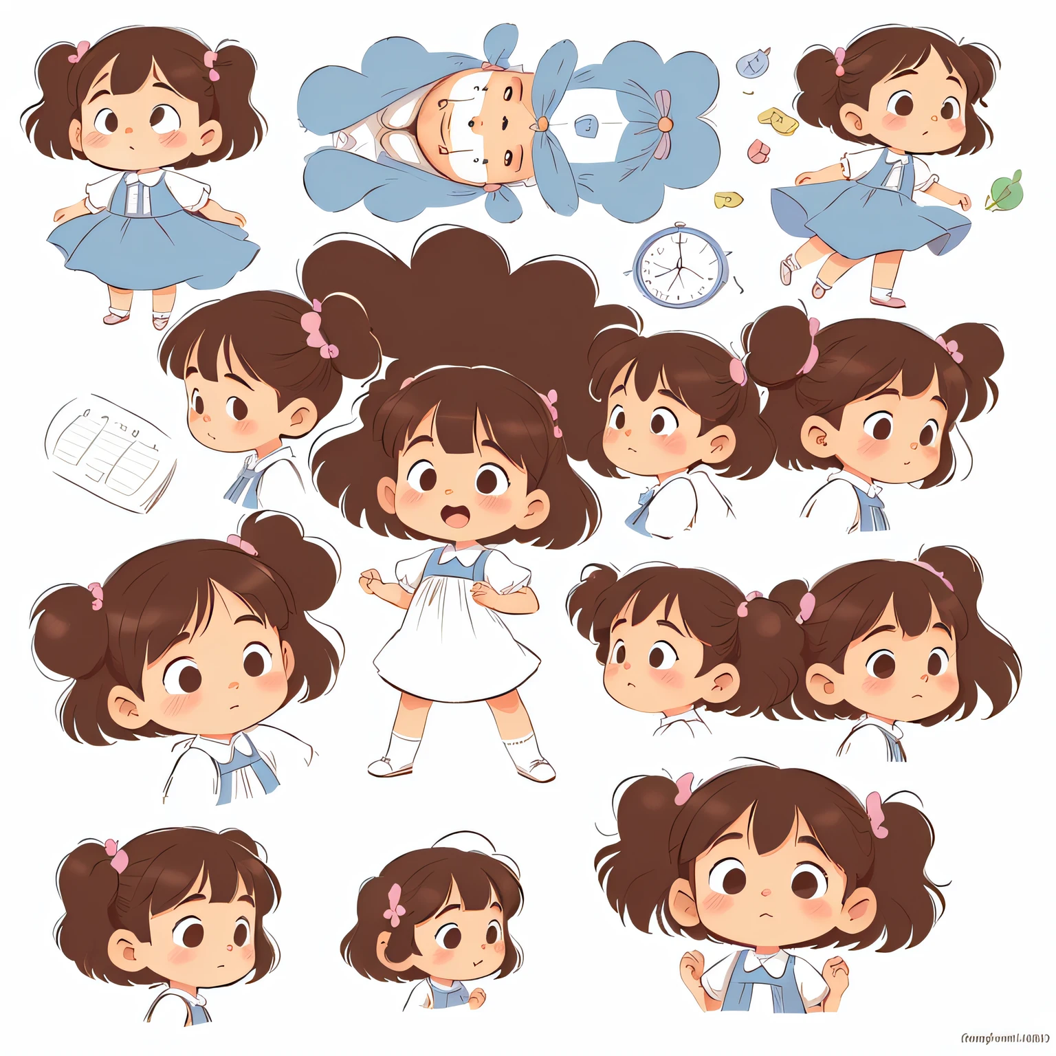 Personagem da , estilo dos desenhos animados, Estilo kawaii, cabelo encaracolado preto, multiple poses and expressions, children's books illustration style, simples, cores claras, vestido amarelo, sapatos azuis escuros, no outline, (Masterpiece, alta qualidade, 8k) (corpo inteiro) (mesma frente de caractere, Voltar, Side view) (folha modelo) (multiple views of the same character) . 8k, (Foto RAW, melhor qualidade), olhos e rosto extremamente detalhados, anatomia perfeita, um rosto extremamente delicado e bonito, belos olhos castanhos detalhados, um rosto extremamente delicado e bonito, cabelo curto estilo bob ruivo, vestido amarelo desenhado.