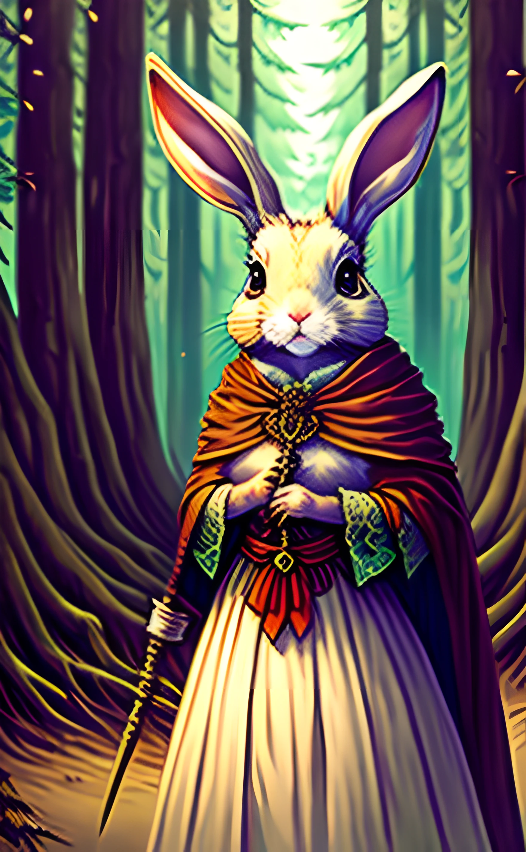 The Empress

"A motherly rabbit with a kind yet intense gaze, holding a scepter. A barren and spooky forest surrounds her."