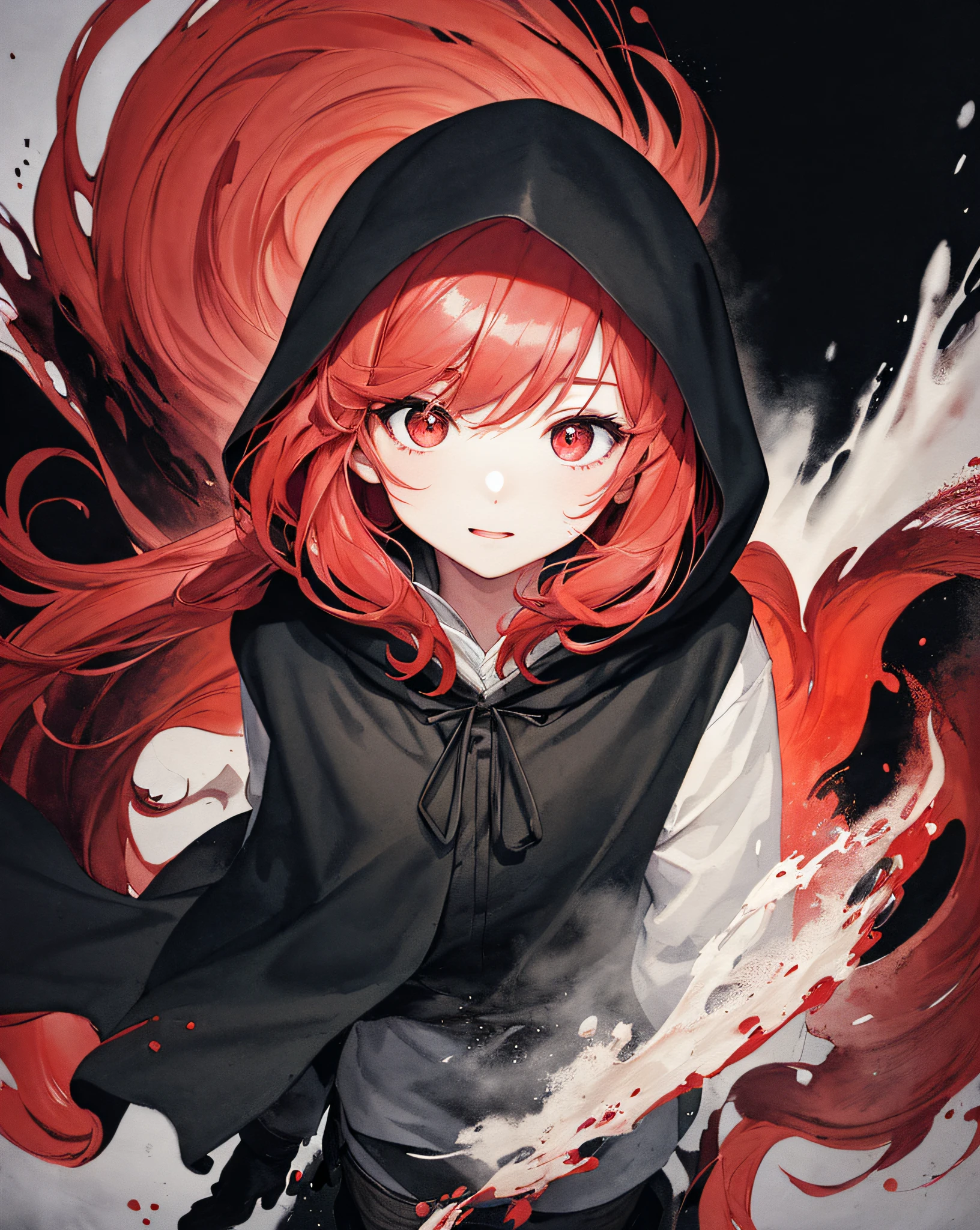 1girl,(red hair)),red eyes,obungaskr你就是个机八,long hair,(loose long hair),((black cloak)),(cape hood),scarf,(black boots),red moon on the sky,night,floating red flowers falling,upper body,ruins,intense shadows,ash,fire,ice,((Ink wash painting)),((ink splashing)),((color splashing)),