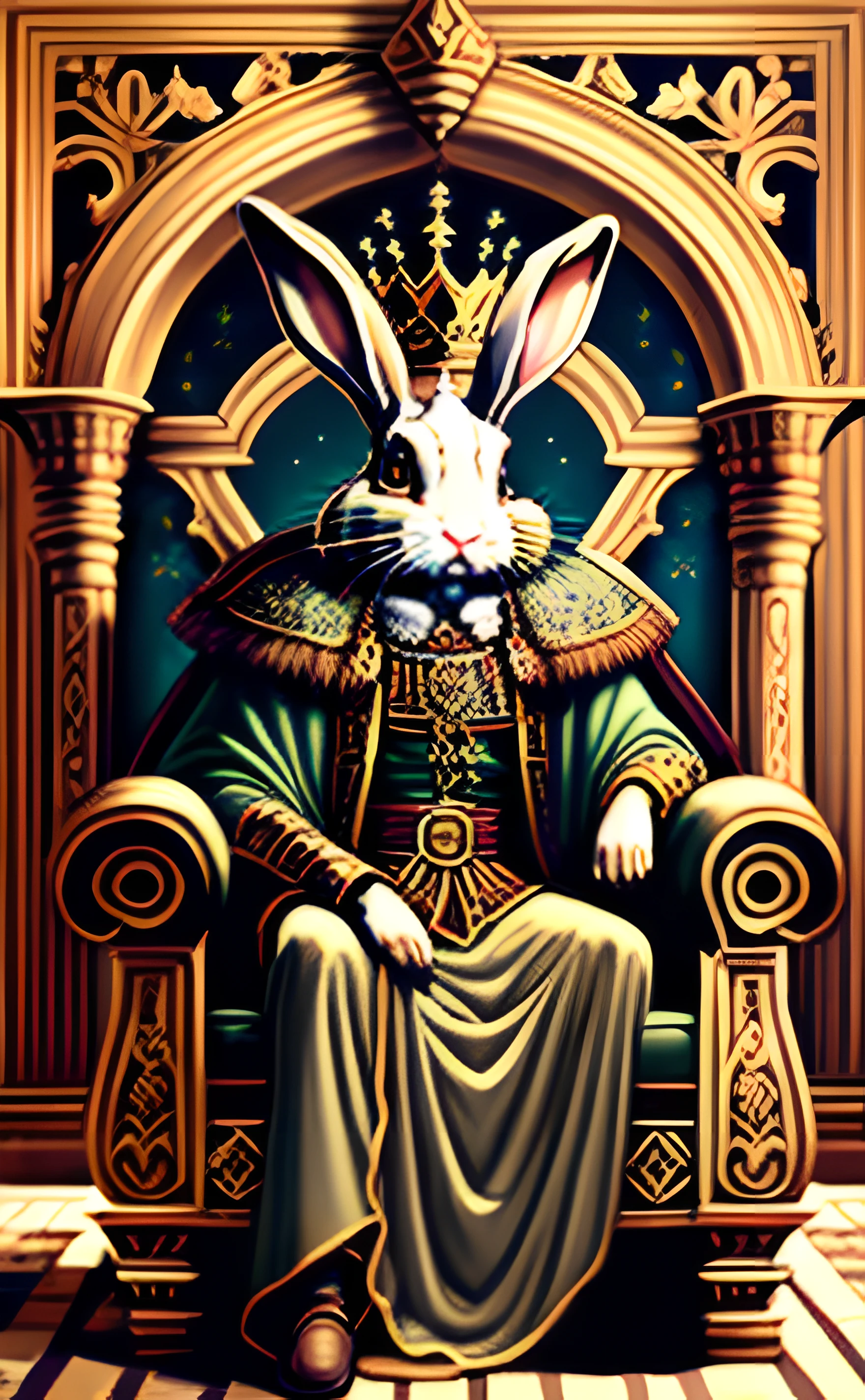 The Emperor

"A kingly rabbit with a stern look, seated on a gothic throne. A desolate landscape with a haunted castle in the background."