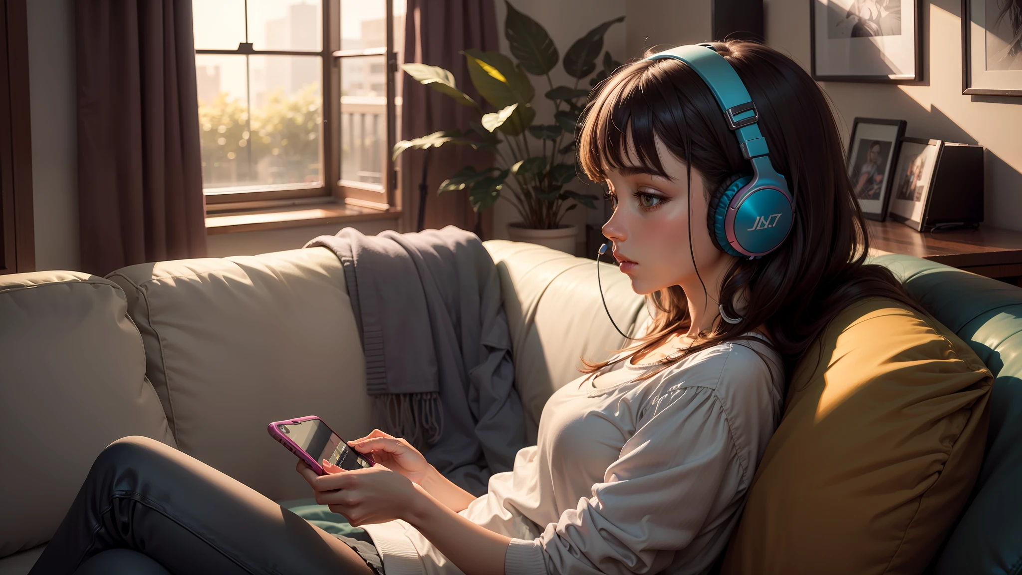 arafed girl with headphones sitting on a couch in a room, menina usando fones de ouvido, listening to music, listening to godly music, Fones de ouvido ligados, retrato de alta qualidade, vibing to music, Usando fones de ouvido, com fones de ouvido, capa de revista, cenario de Lofi, Shutterstock, listening to music at 2 am, Foto retrato suave 8 k, music being played