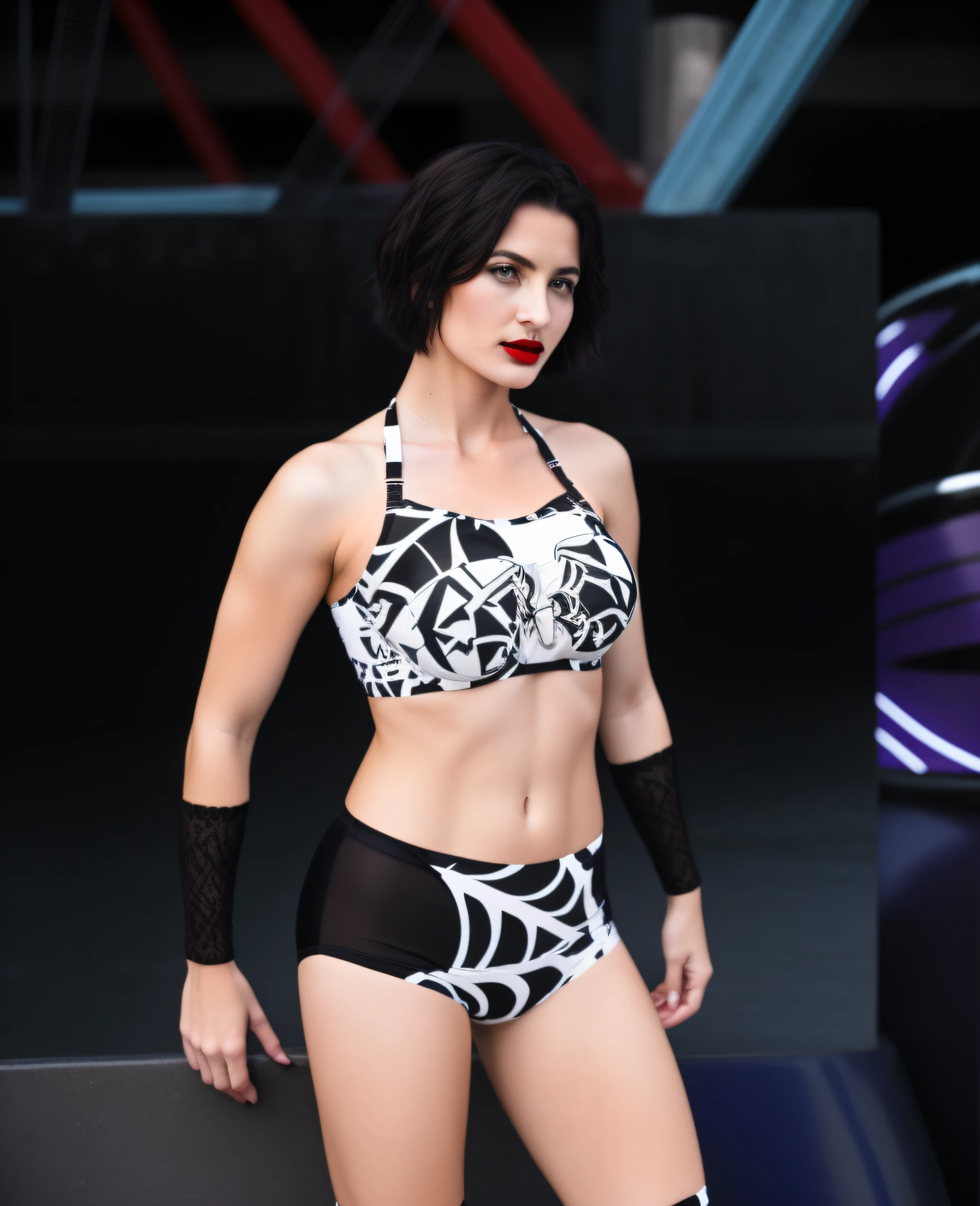 Short dark-haired Caucasian woman, in spider webbed patterned black and white bra that says "BLACK", spider webbed patterned black and white trunks, black and white long wristbands, wearing lipstick, photo realistic, intricate details