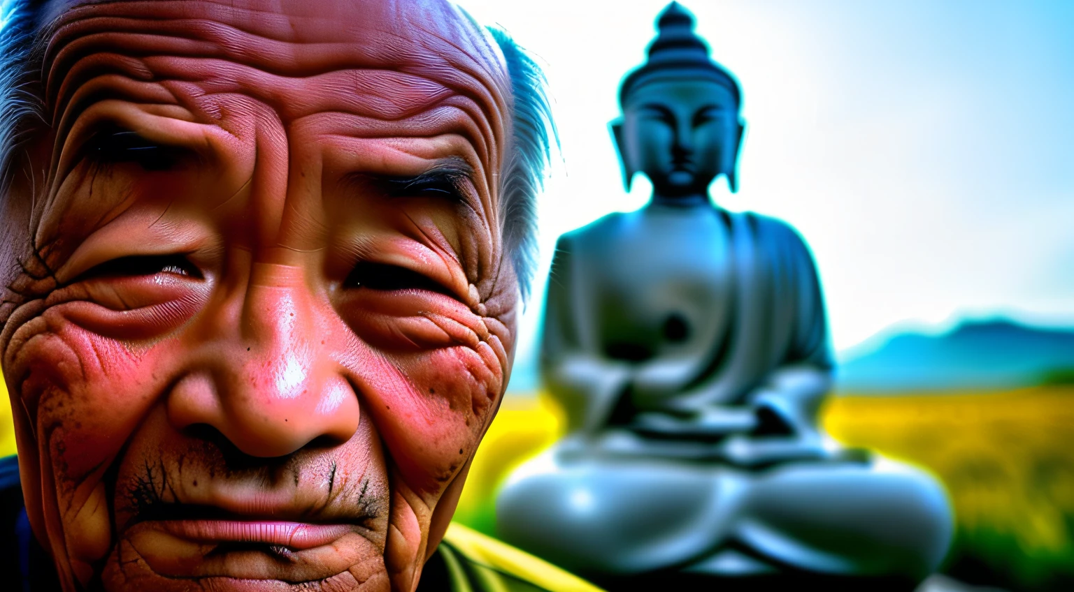 The Story of an Old Man, careca, gordura, obeso, chines, sem camisa, Buda. Uma imagem em close-up do rosto de um idoso vietnamita, illuminated by the light of the sky, com um pano de fundo de uma aldeia.