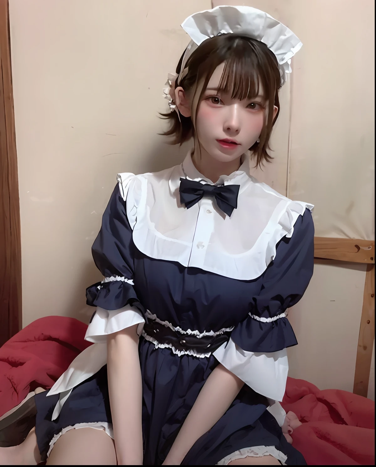 there is a woman sitting on a bed talking on a cell phone, in dress, cosplay of a catboy! maid! Dress, dressed with fluent clothes, dressed with long fluent clothes, frilly outfit, fairycore, belle delphine, low quality video, ruan cute vtuber, wearing a white folkdrakt dress, maid clothes