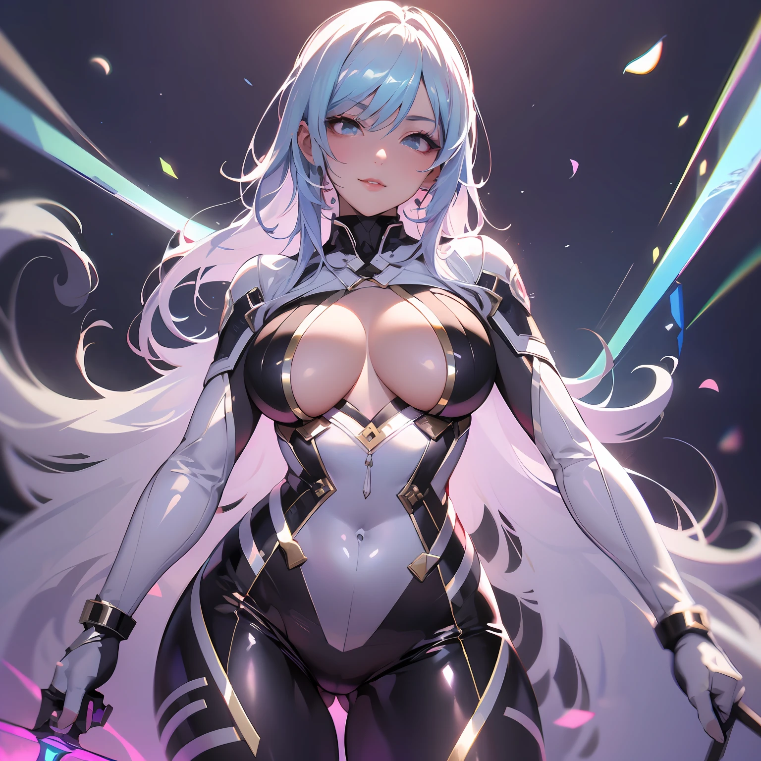 (8k, RAW photo, photorealistic:1.25) ,( lipgloss, eyelashes, gloss-face, glossy skin, best quality, ultra highres, depth of field, chromatic aberration, caustics, Broad lighting, natural shading,Kpop idol) looking at the void with a serene and goddess-like happiness, boobs, nipslip, fullbody, fantasysword sword, shining rainbow bodysuit outfit, white uniform, purple neon atmosphere