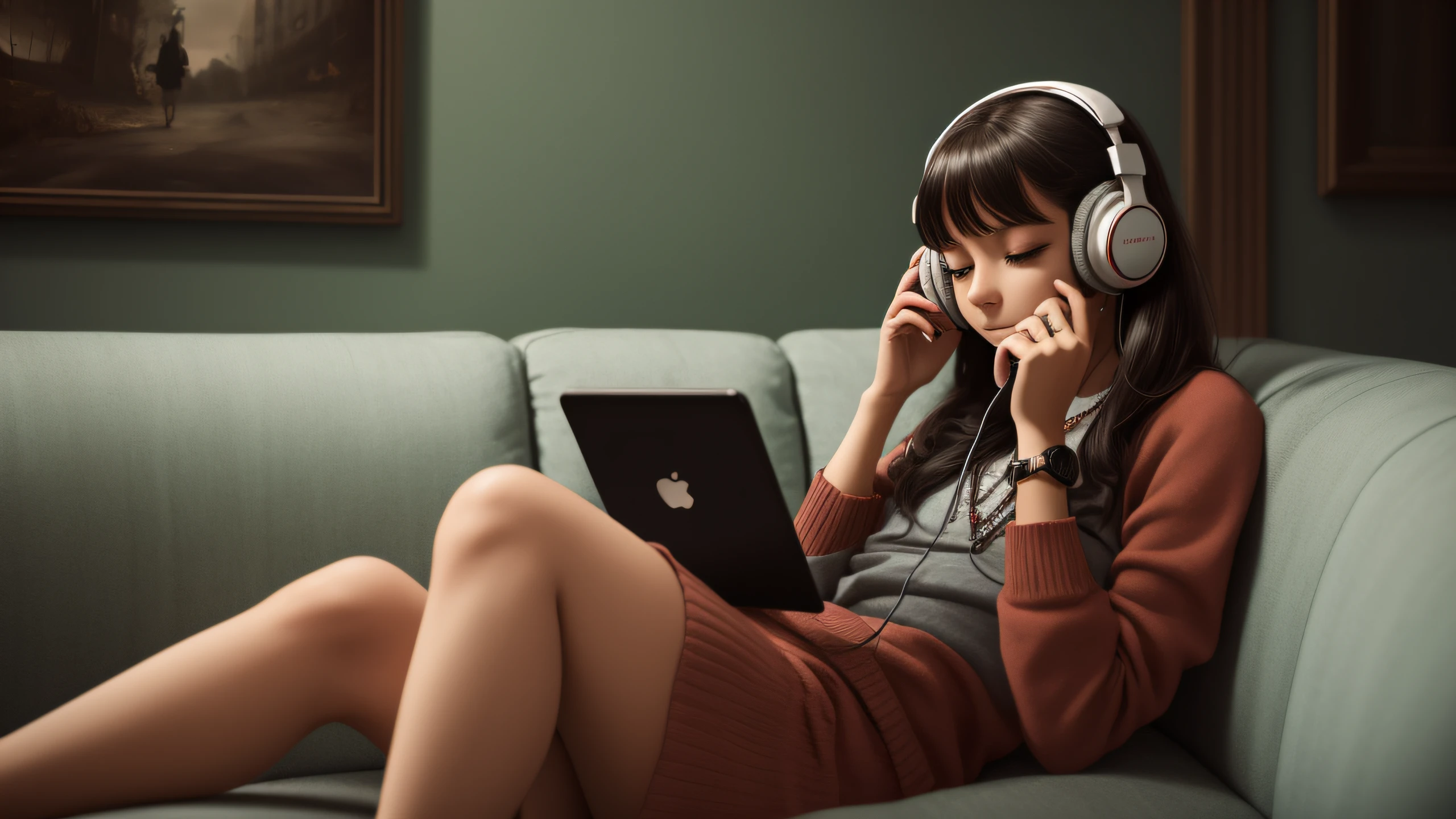 arafed girl with headphones sitting on a couch in a room, usando fones de ouvido, listening to music, listening to godly music, Fones de ouvido ligados, retrato de alta qualidade, vibing to music, Usando fones de ouvido, com fones de ouvido, capa de revista, cenario de Lofi, Shutterstock, listening to music at 2 am, Foto retrato suave 8 k, music being played