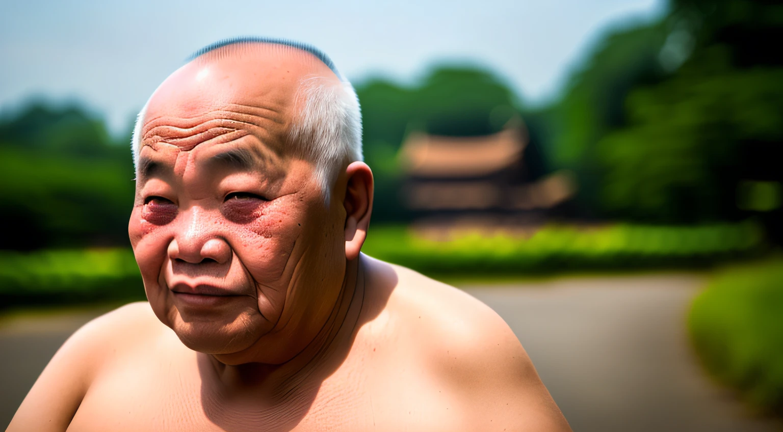 The story of an old man, bald, fat, obese, Chinese, shirtless, Buddha. A close-up image of the face of a Vietnamese elderly person, illuminated by the light of the sky, with a village in the background.