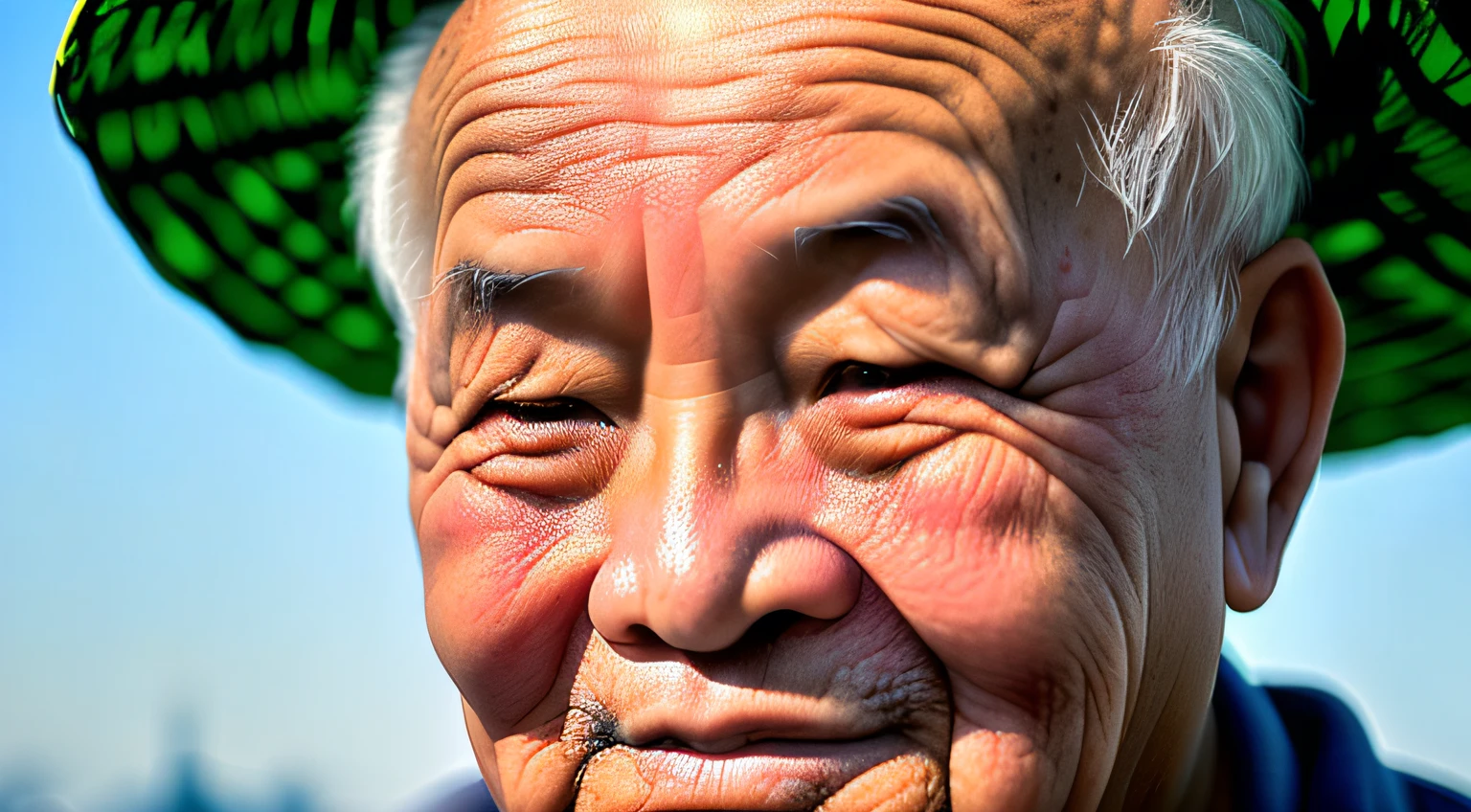 The story of an old man, bald, fat, obese, Chinese, shirtless, Buddha. A close-up image of the face of a Vietnamese elderly person, illuminated by the light of the sky, with a village in the background.